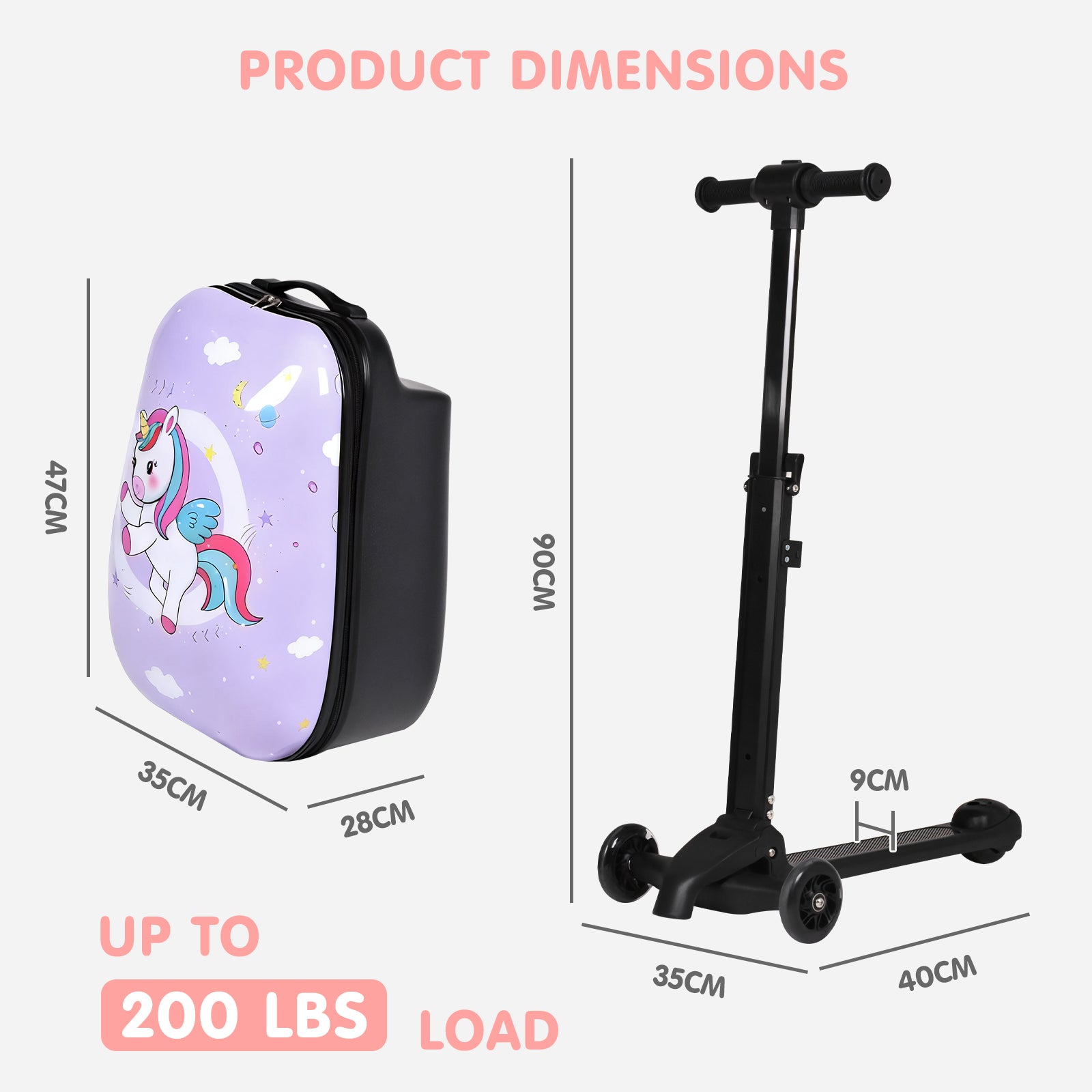 Dimensions of a scooter and a purple case with a unicorn design on a white background.