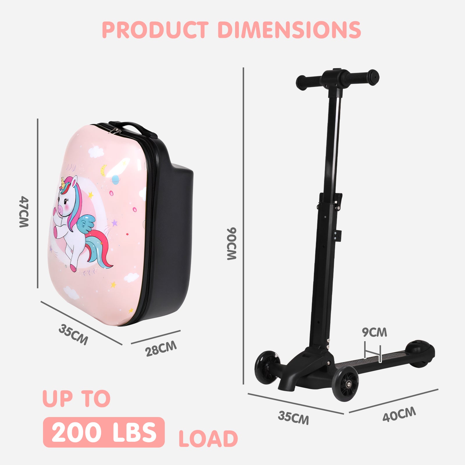Dimensions of a children's scooter with a unicorn backpack on a white background