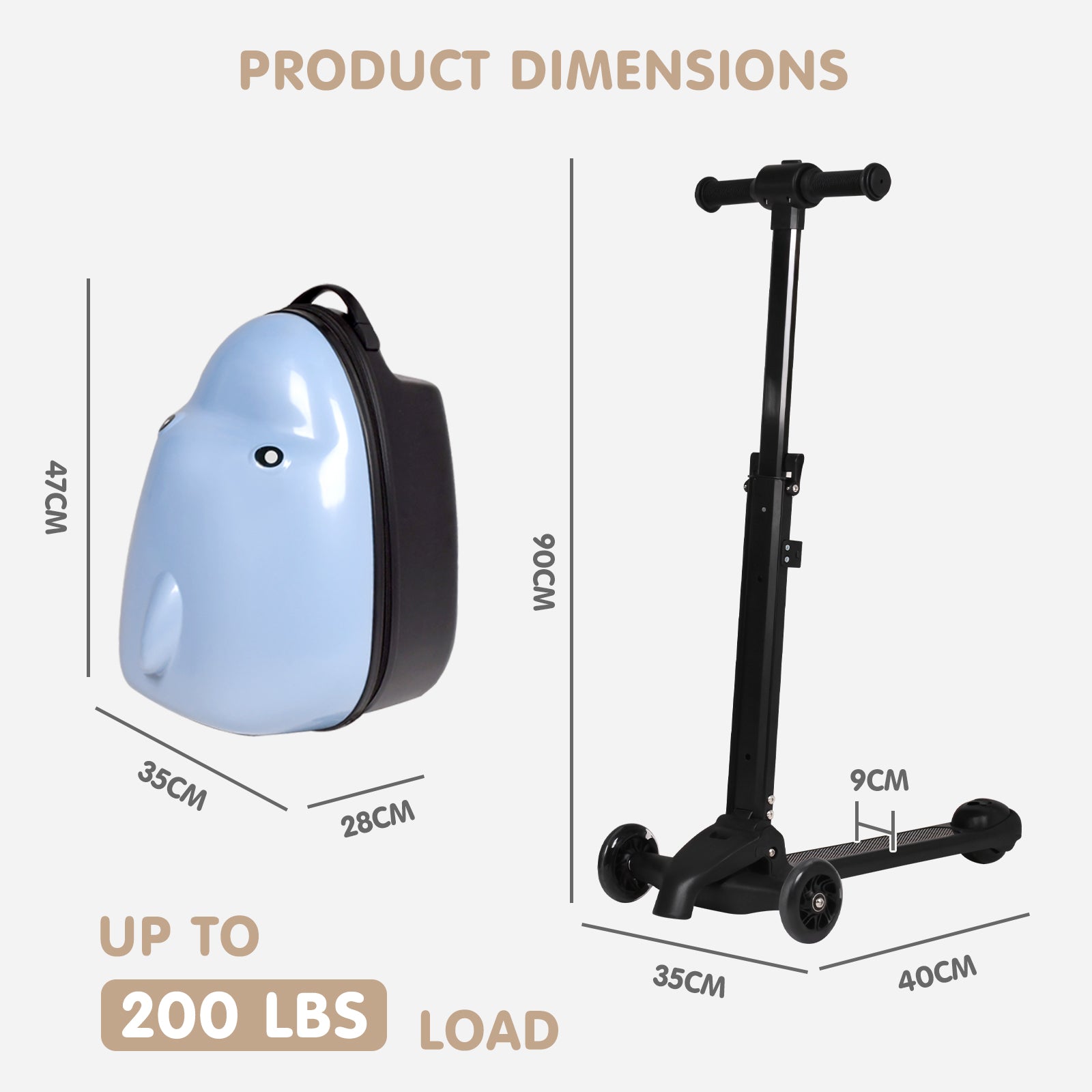 Product dimensions of a scooter and backpack with weight capacity information.