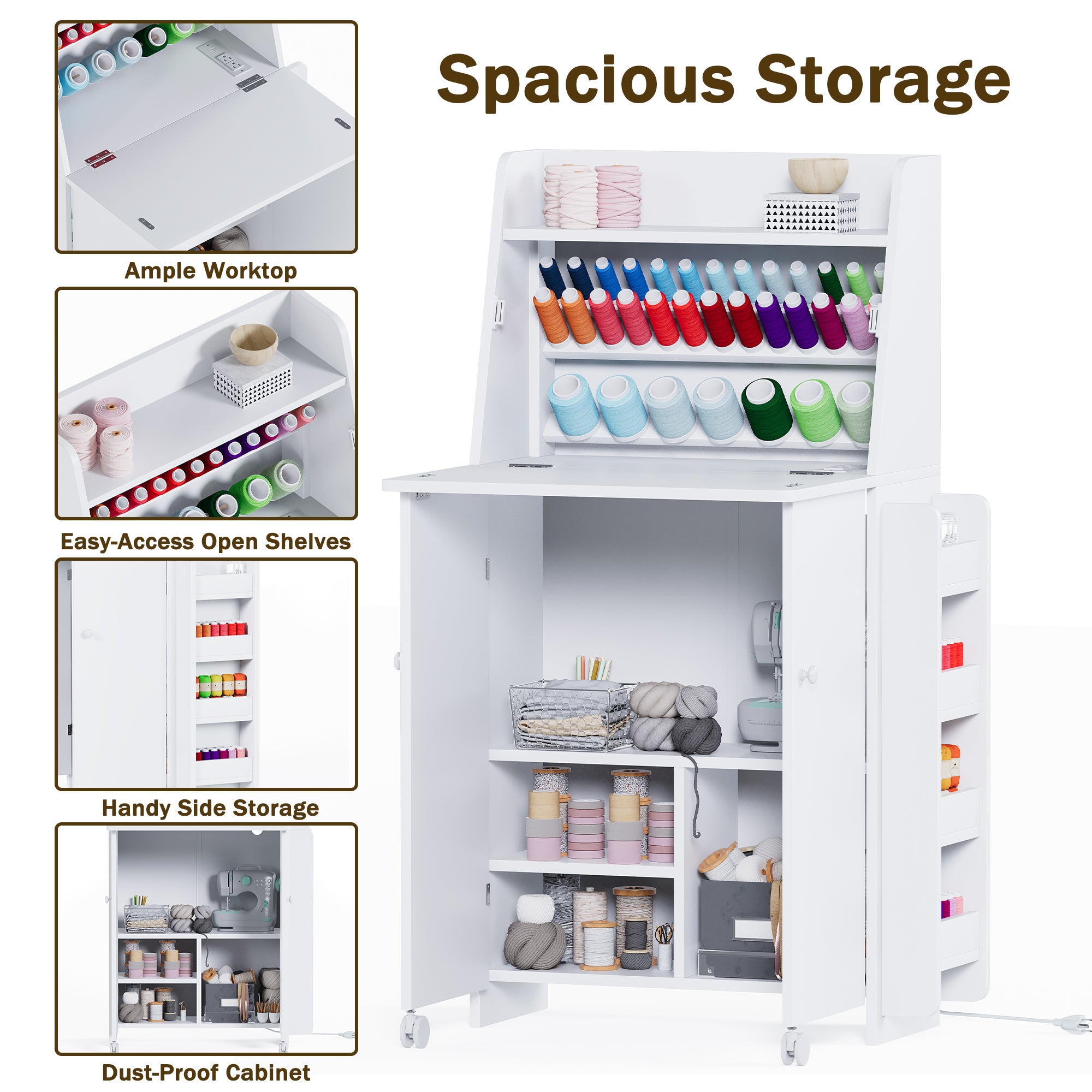 White storage cabinet with various items on shelves and a worktop, labeled 'Spacious Storage'.