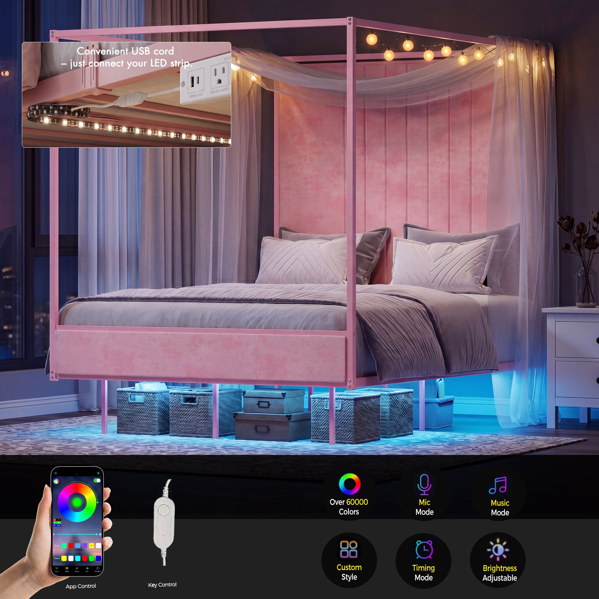 Advwin Canopy Bed Frame with RGB LED Strip Lights