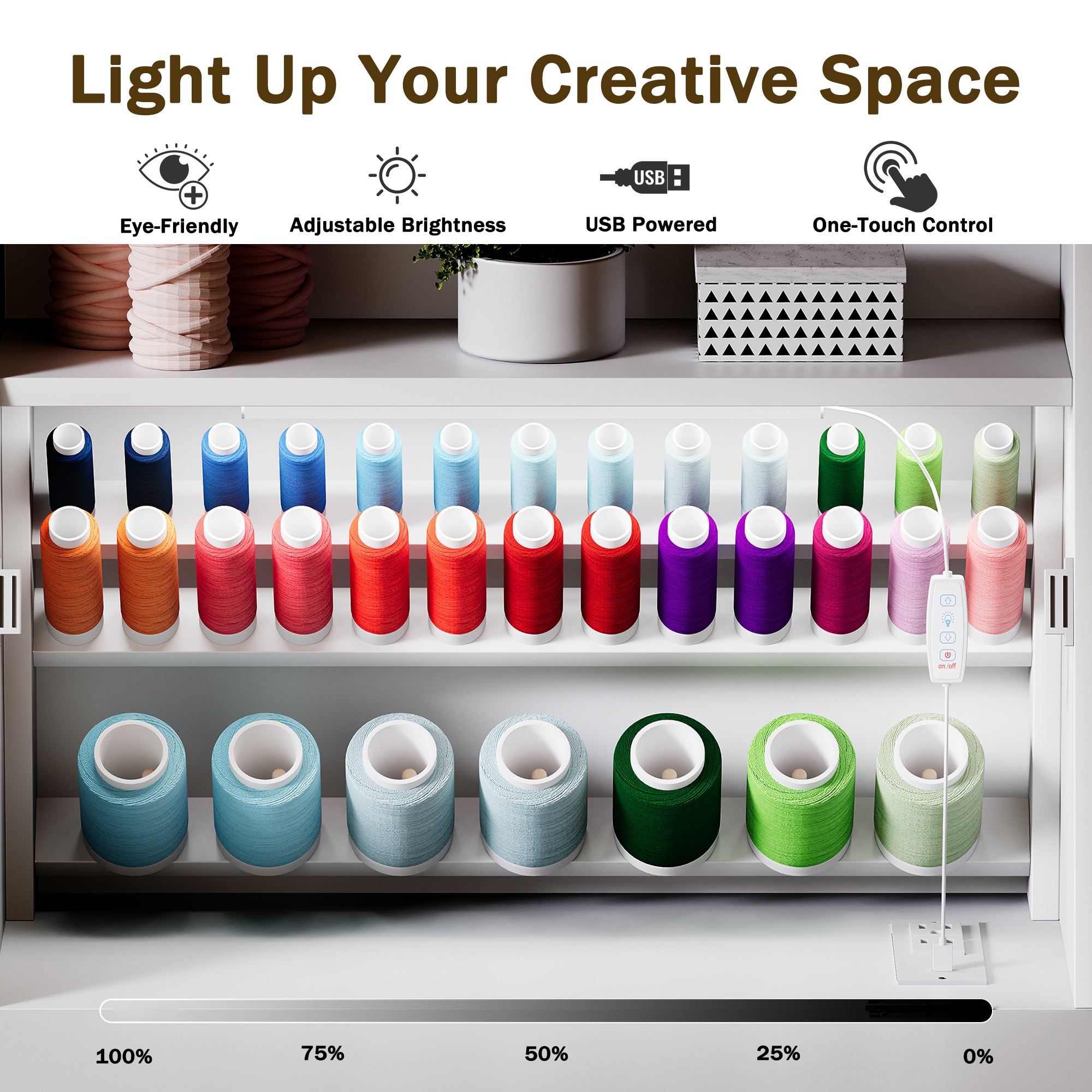 Colorful spools of thread on a shelf with LED light features highlighted.
