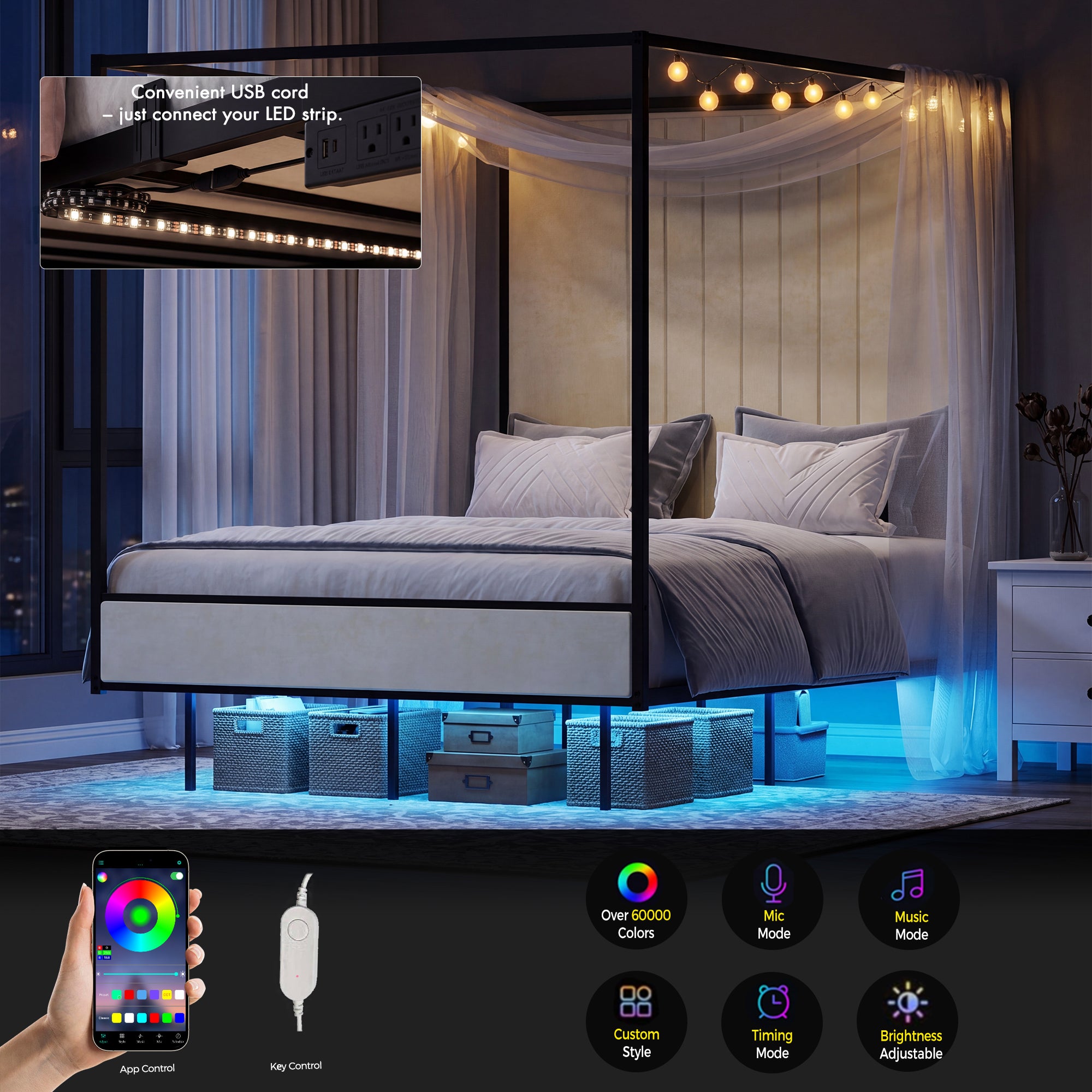 Advwin Canopy Bed Frame with RGB LED Strip Lights