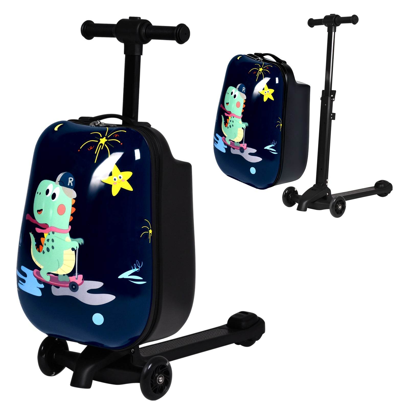 Children's scooter with dinosaur design on a dark blue background