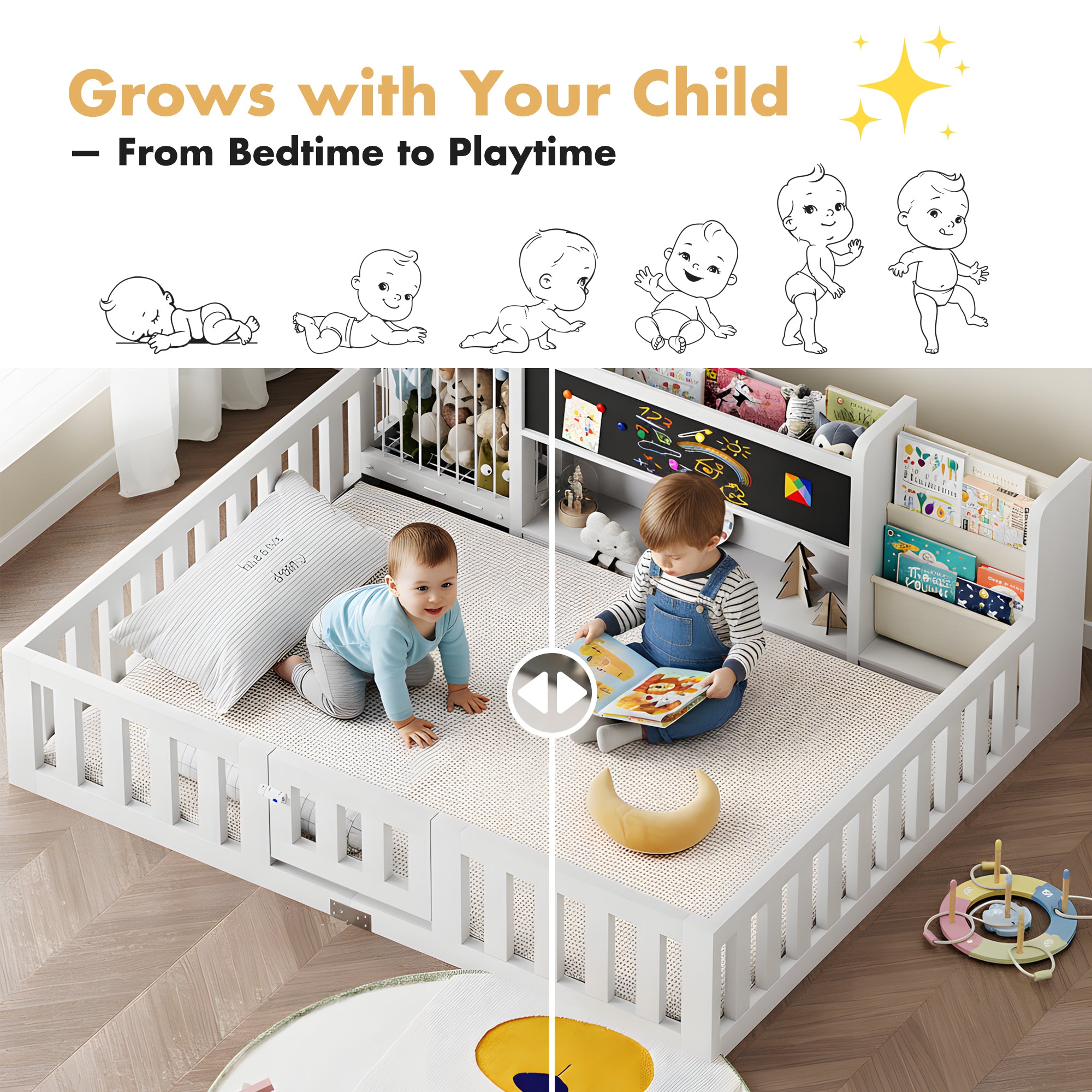 Advwin Toddler Floor Bed with Door & Safety Rails