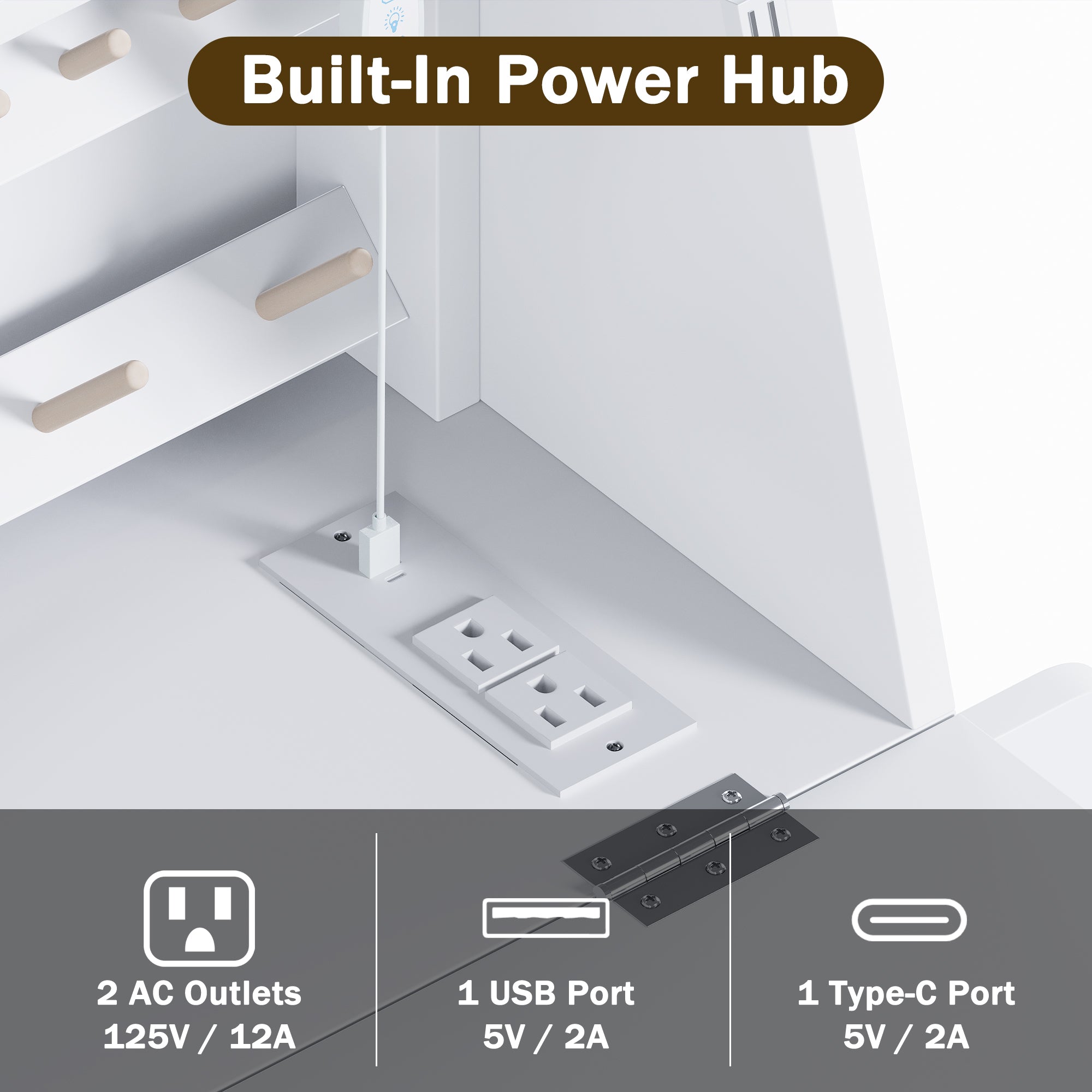 Built-in power hub with electrical outlets and ports on a white background