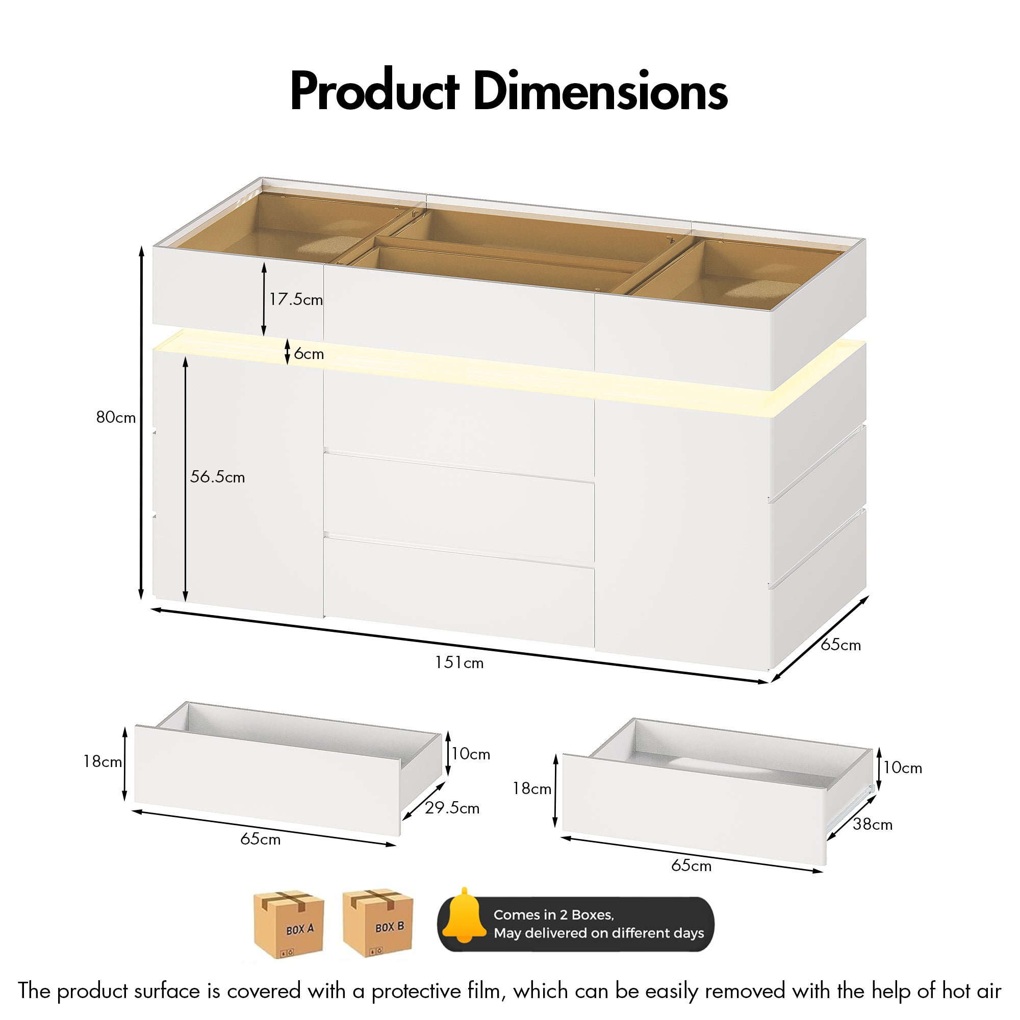 Product dimensions diagram with a white and gold rectangular object