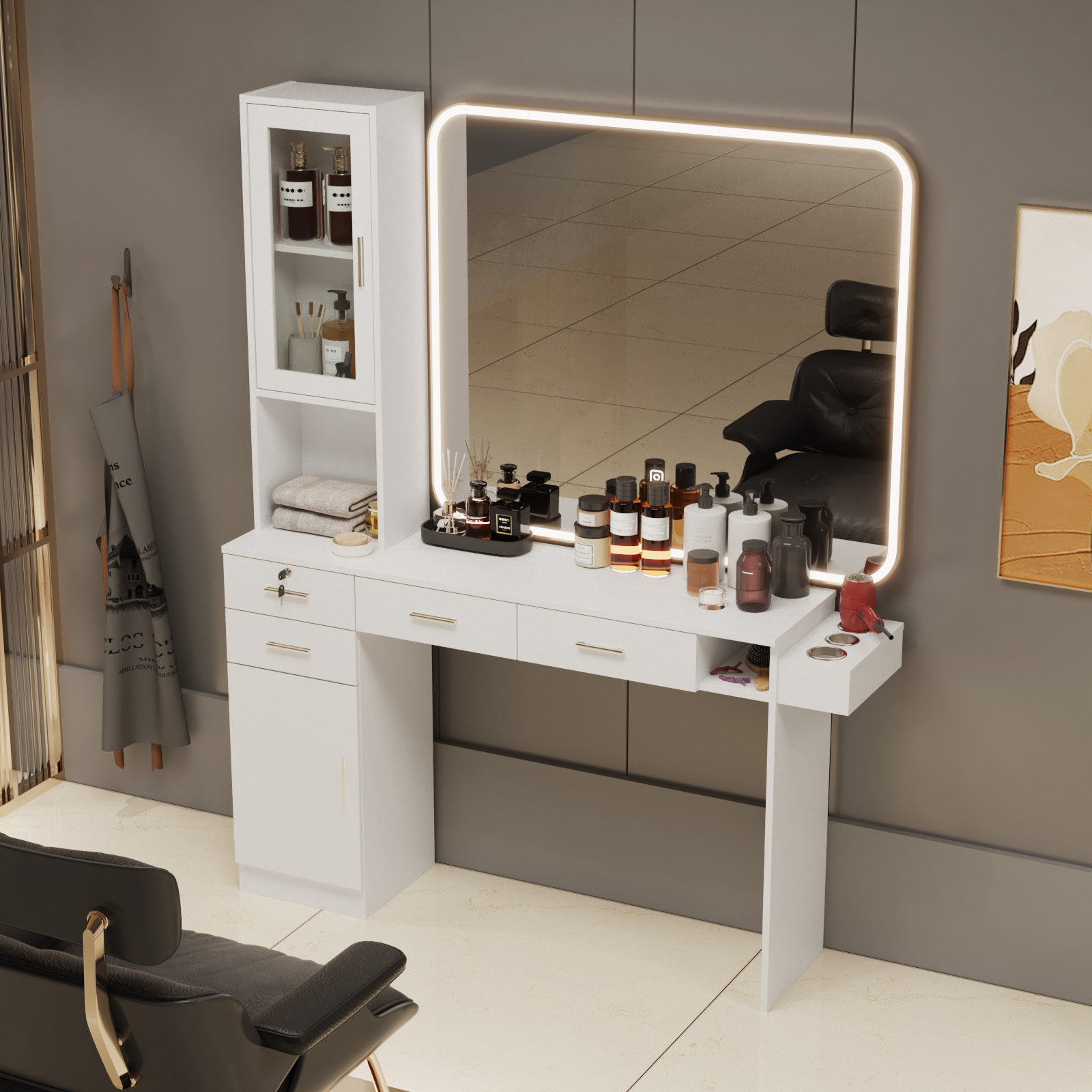 Advwin Hair Salon Station with Blow Dryer Holder Drawers and Cabinet