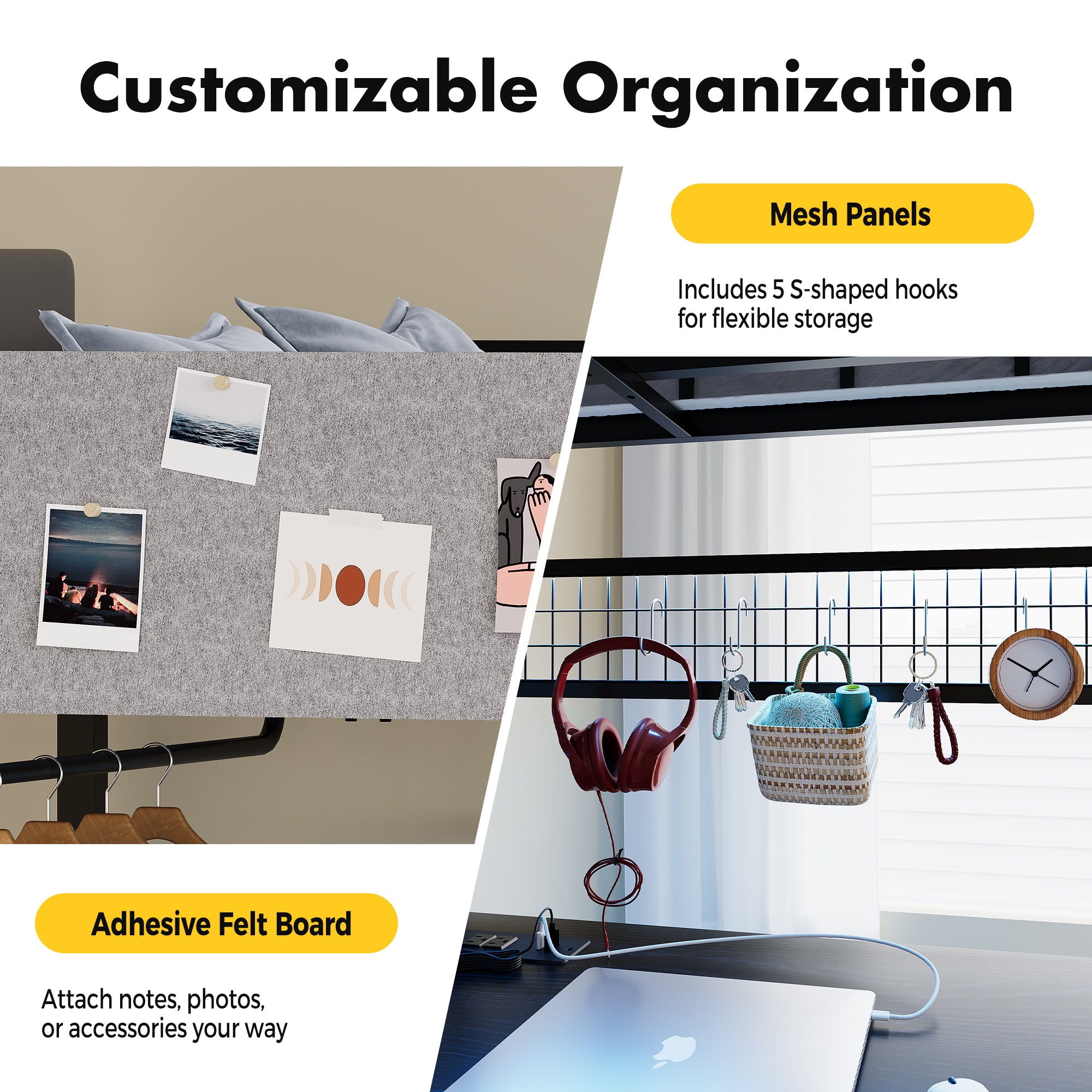 Customizable organization system with adhesive felt board and mesh panels.