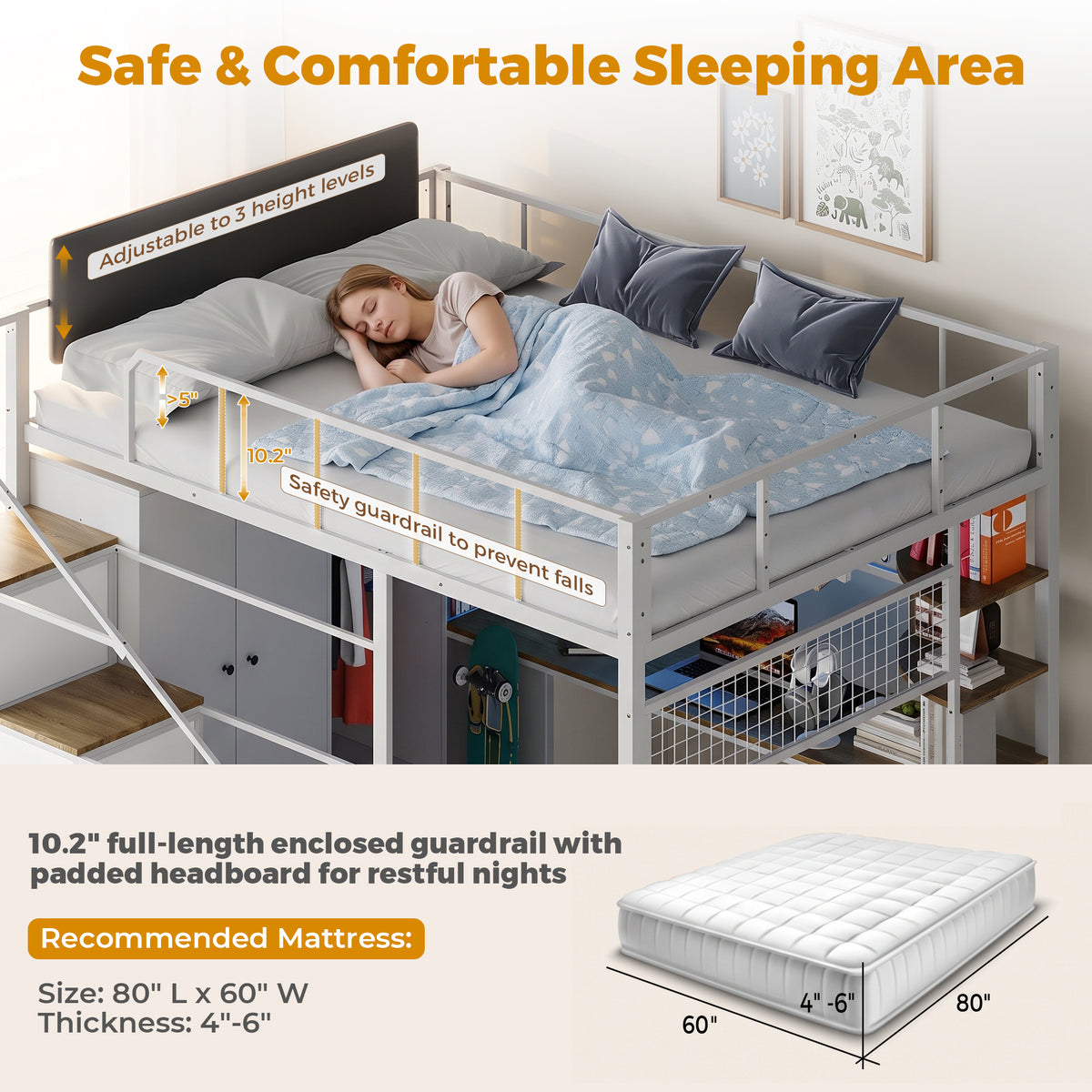 Advwin Space-Saving Loft Bed with LED Light & Drawers