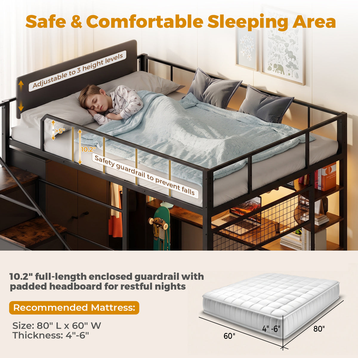 Advwin Space-Saving Loft Bed with LED Light & Drawers