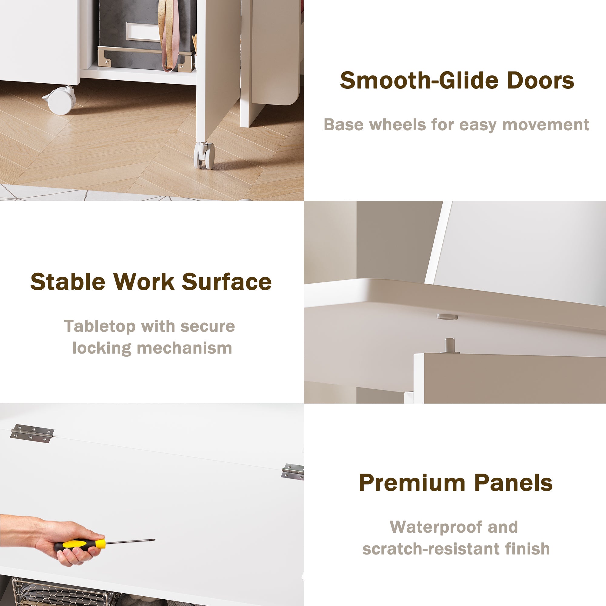 Collage of features including smooth-glide doors, stable work surface, and premium panels on a white background.
