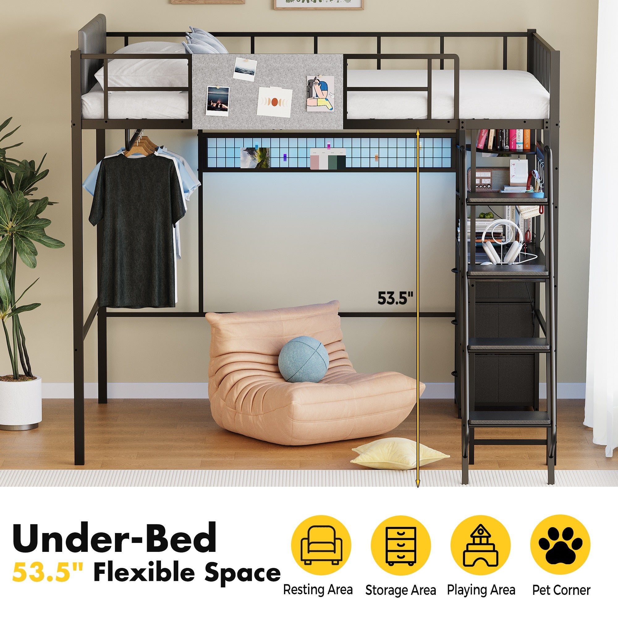 Bunk bed with flexible space under it in a room setting