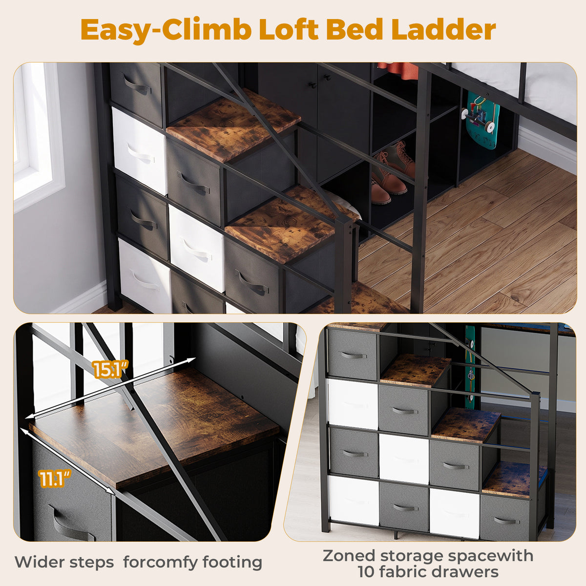 Advwin Space-Saving Loft Bed with LED Light & Drawers