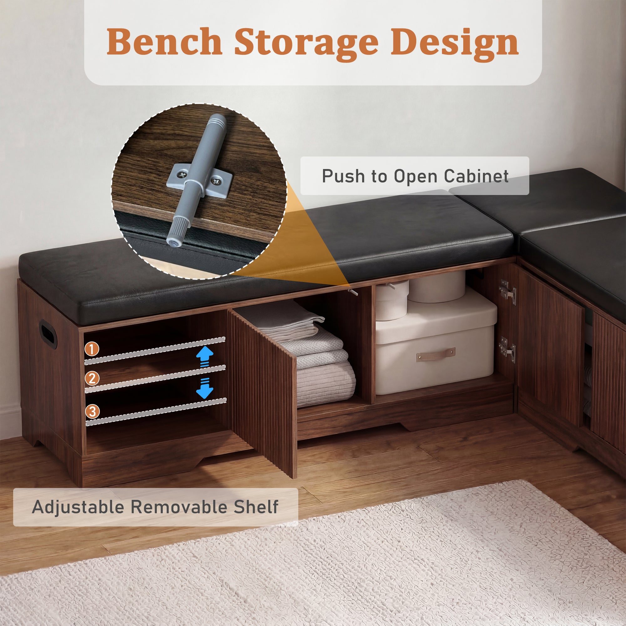 Bench with storage design featuring a push-to-open cabinet and adjustable removable shelf.