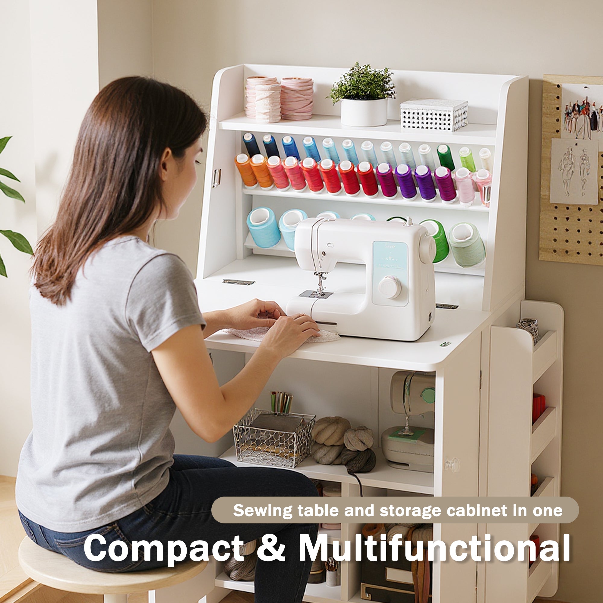 Woman using a sewing machine in a compact multifunctional setup with shelves and storage cabinets.