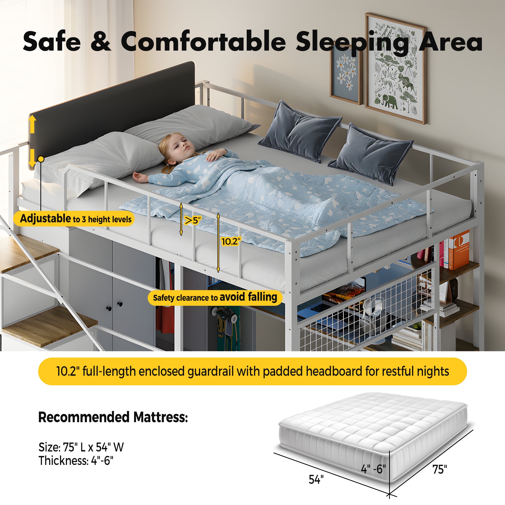 Advwin Space-Saving Loft Bed with LED Light & Drawers