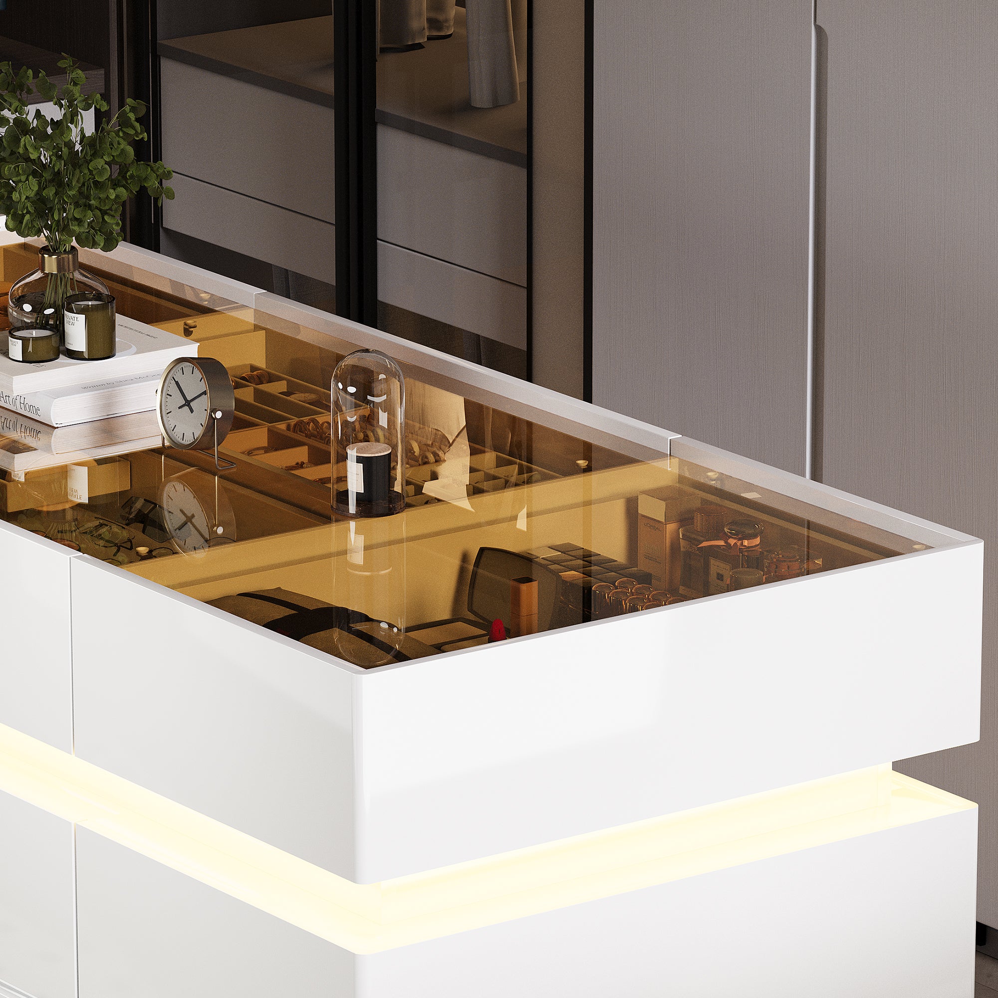 Modern white coffee table with glass top and LED lighting in a room setting.