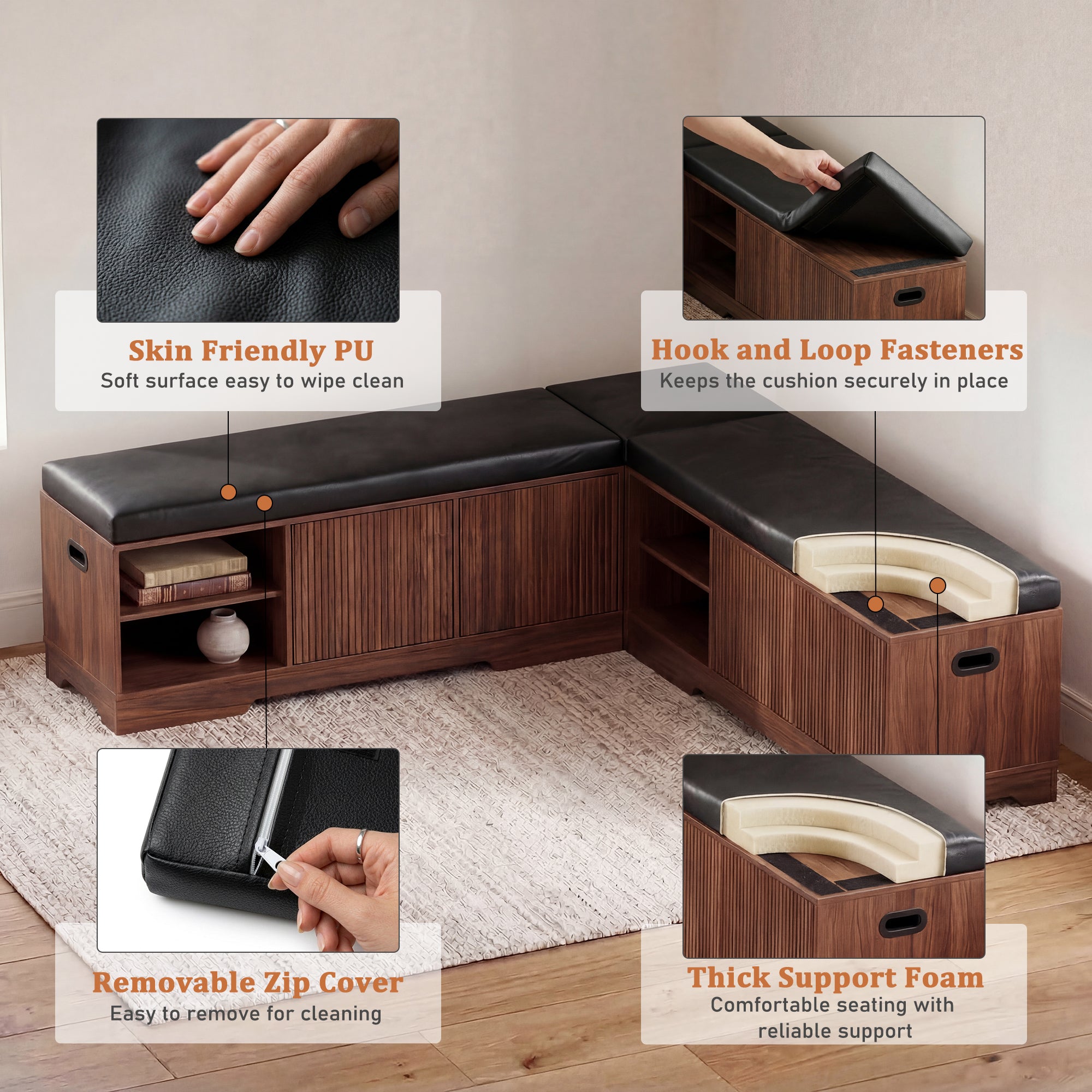 Sectional wooden bench with cushioned seating and storage compartments, featuring skin-friendly PU, hook and loop fasteners, removable zip cover, and thick support foam.