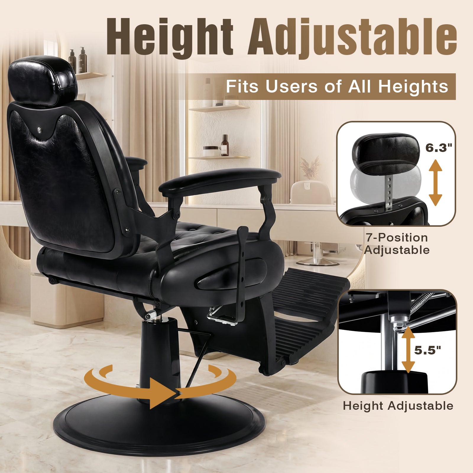 Black height-adjustable chair with detailed features on a neutral background