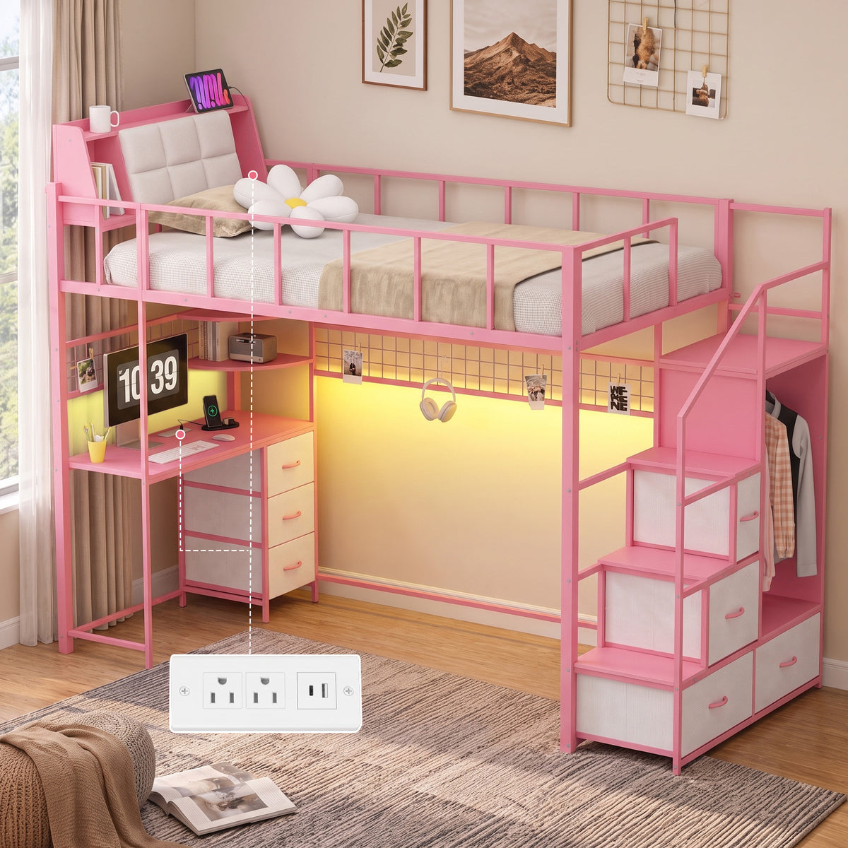Advwin Loft Bed with Storage Headboard & Power Outlets