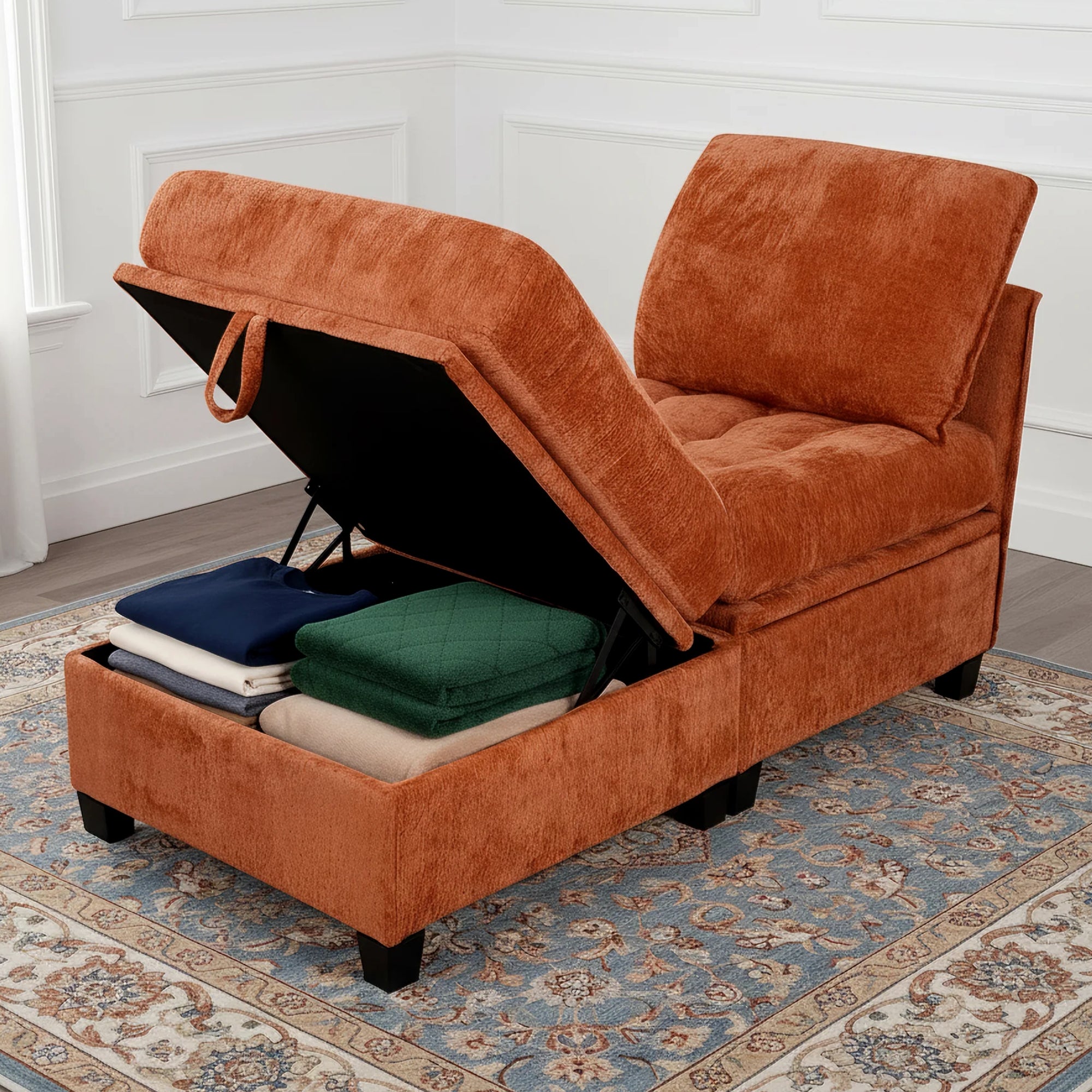 Brown upholstered chair with storage compartment on a patterned rug.