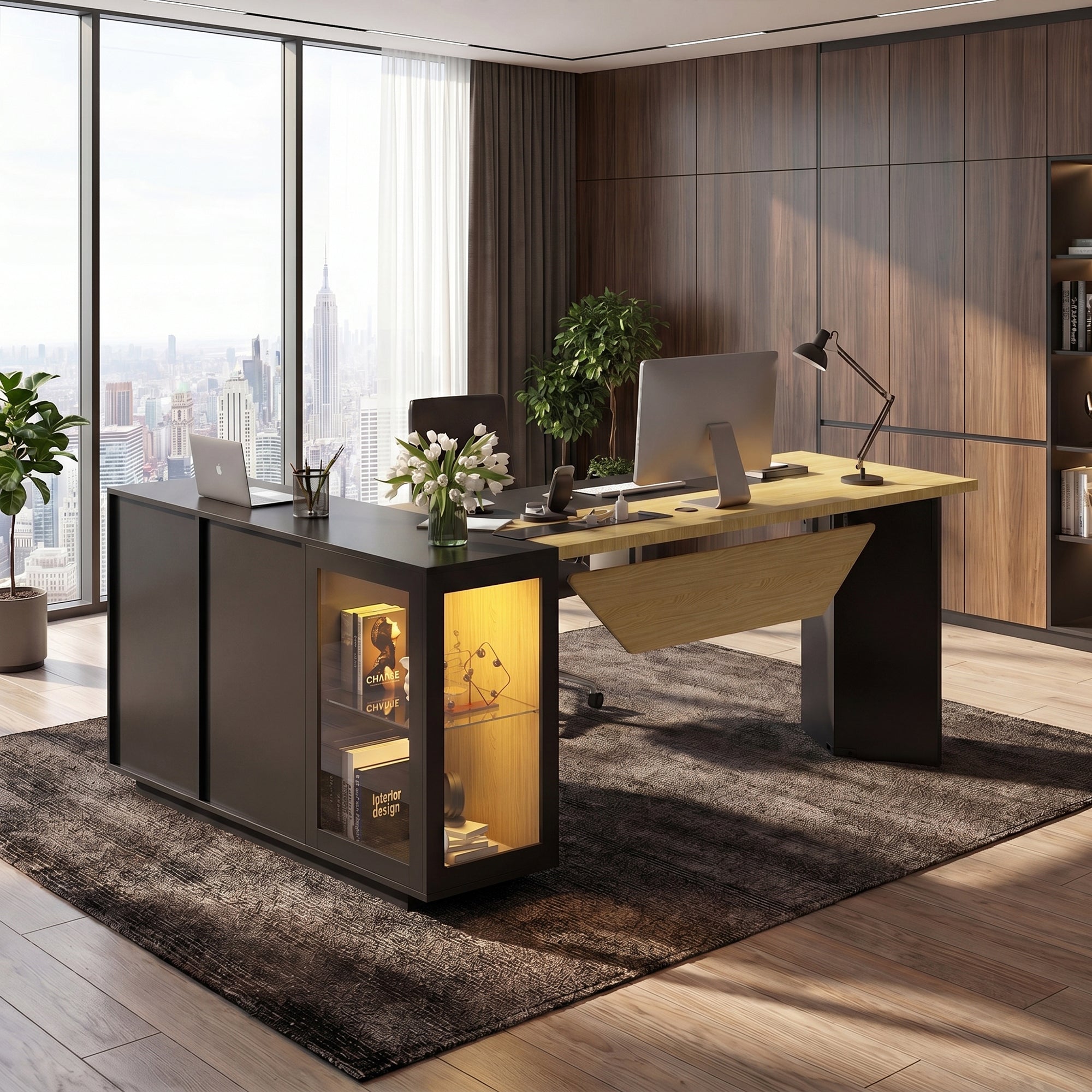 Advwin L-Shaped Executive Desk w/ Glass Display Cabinet