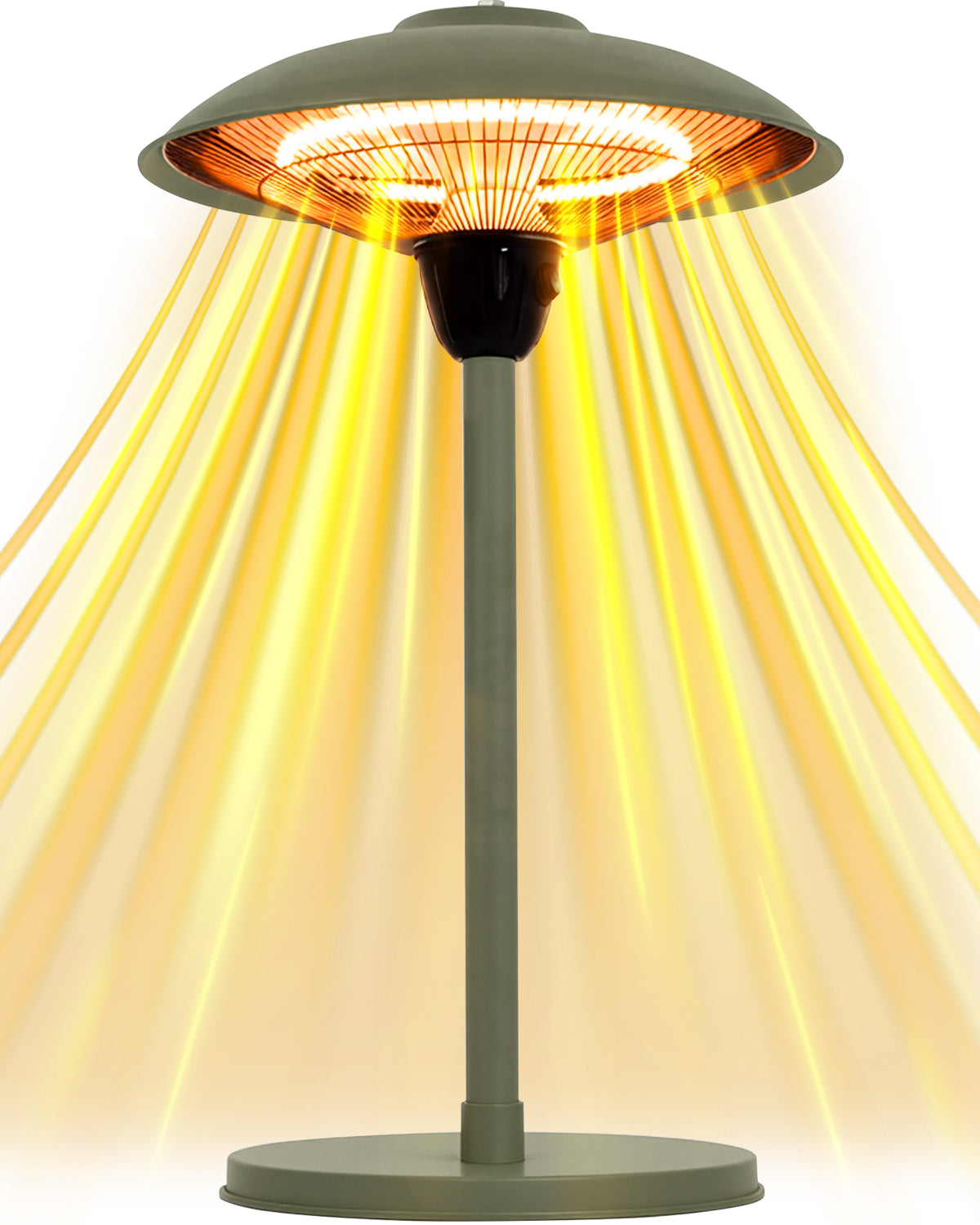 Outdoor patio heater emitting warm light on a white background