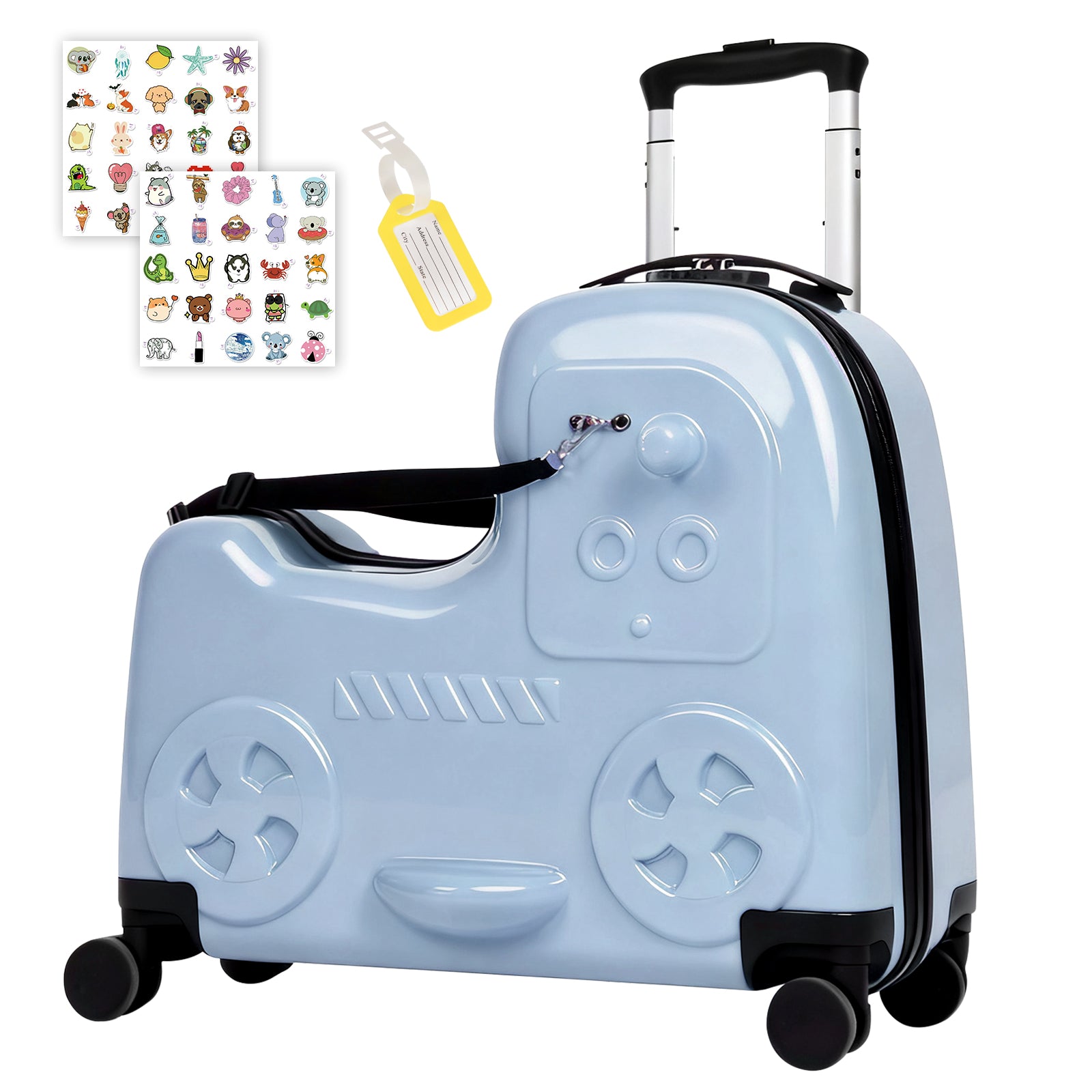 Children's light blue suitcase with wheels, handle, and a small tag on a white background.