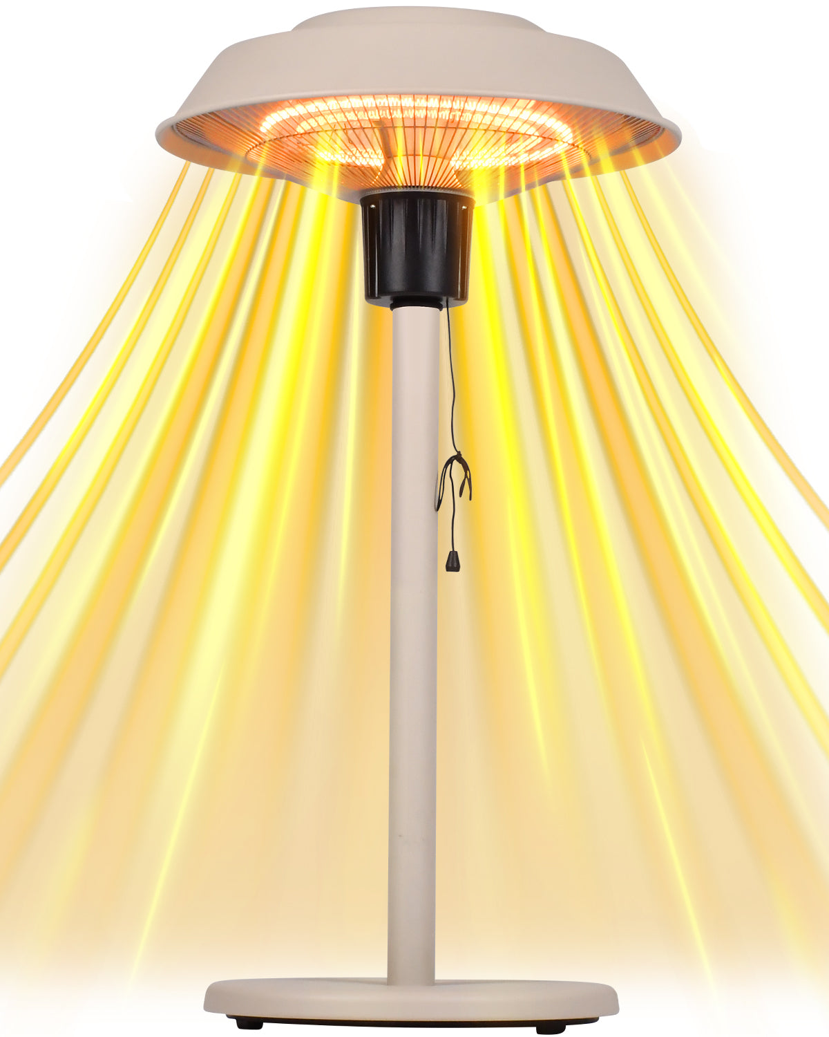 Portable outdoor heater emitting yellow light on a white background