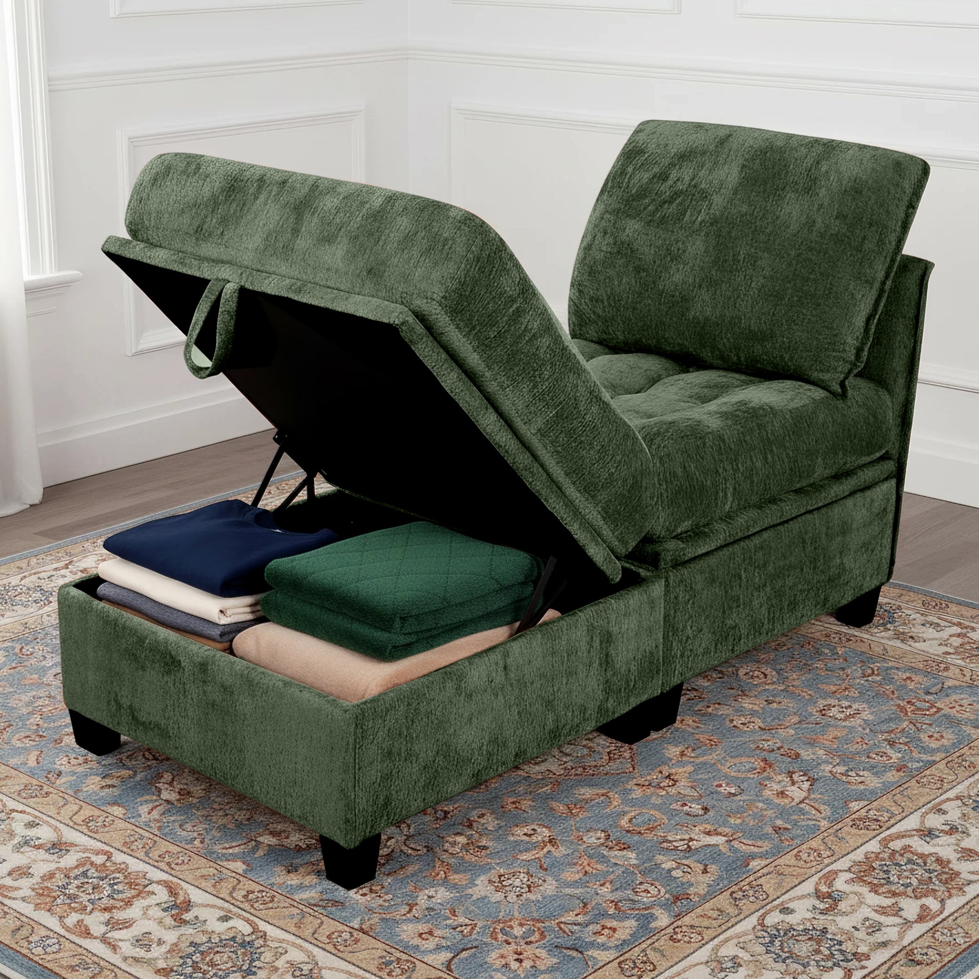 Green upholstered chair with storage compartment on a patterned rug.