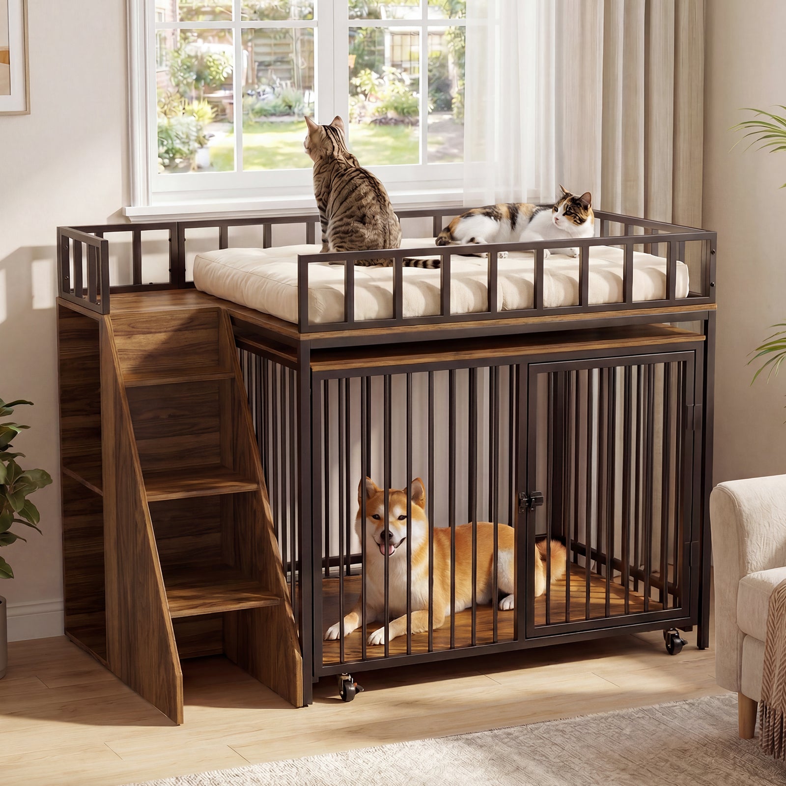 Advwin 37" Loft-Style Dog Crate with Storage Shelves