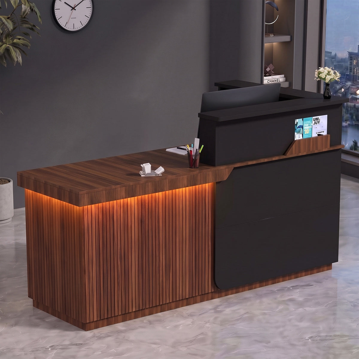 Advwin L-Shape Fluted Reception Desk w/ Counter & LED