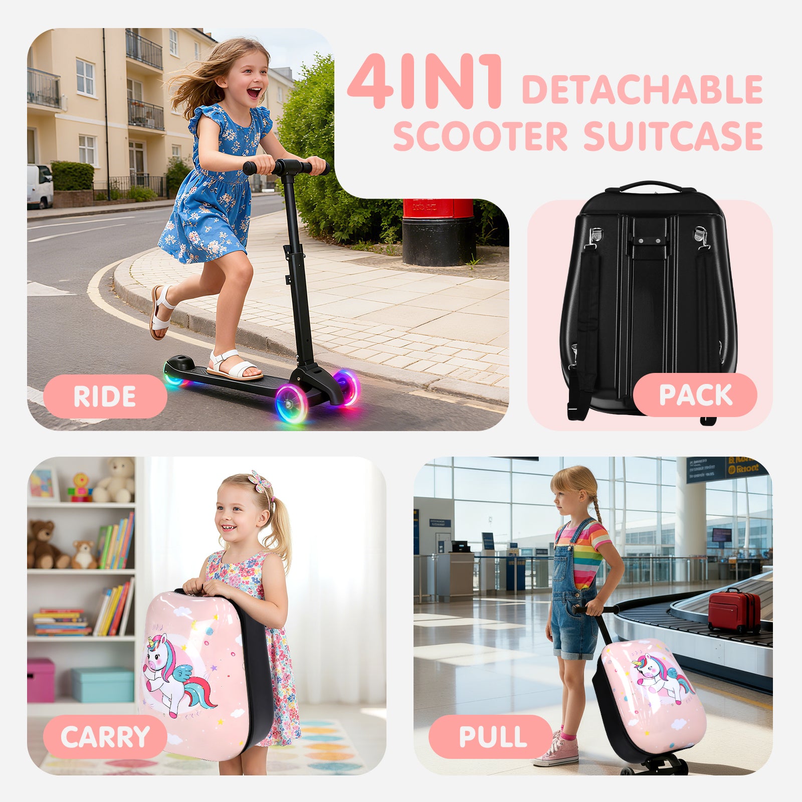 4-in-1 detachable scooter suitcase with children using it in various settings.