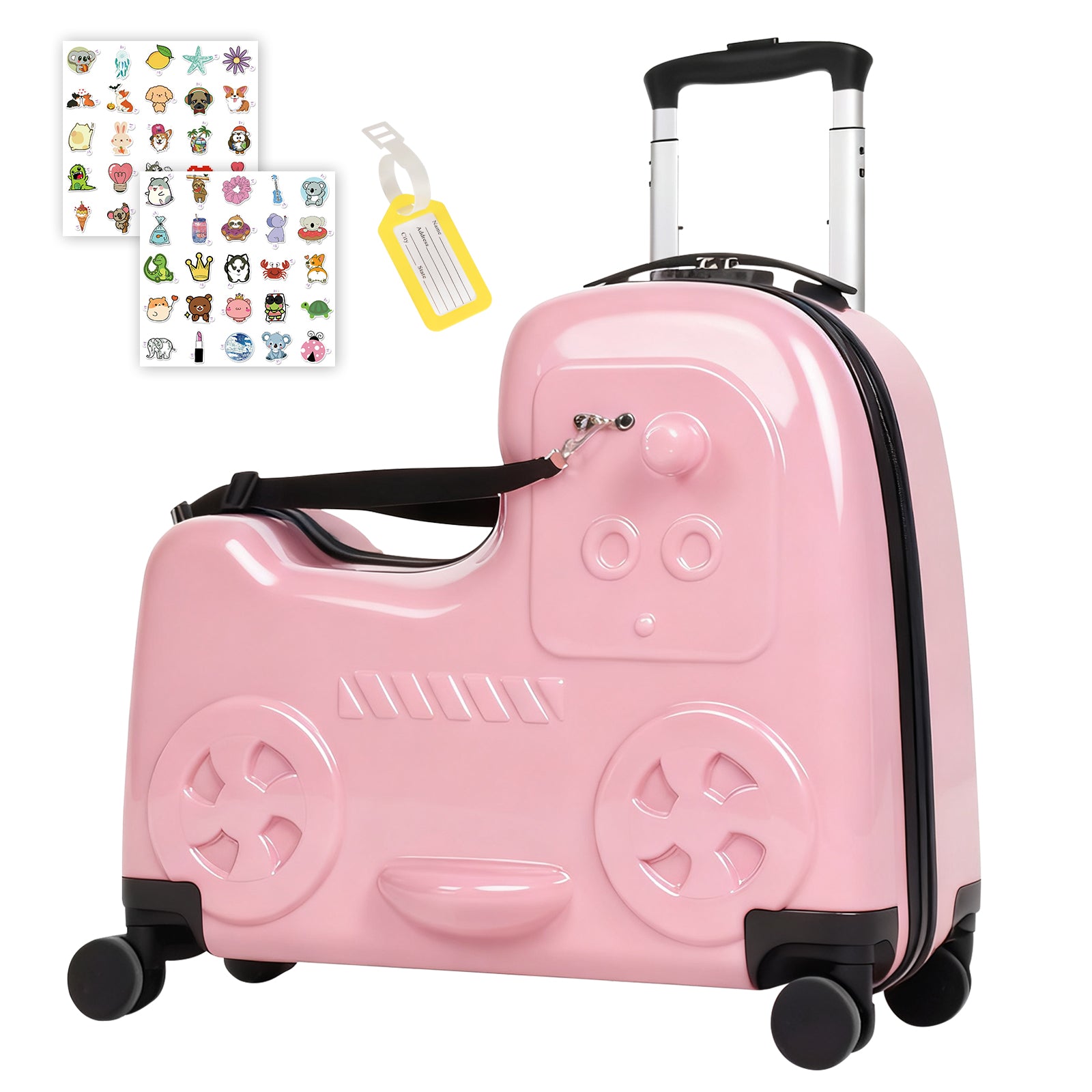 Pink children's suitcase with wheels, handle, and stickers on a white background