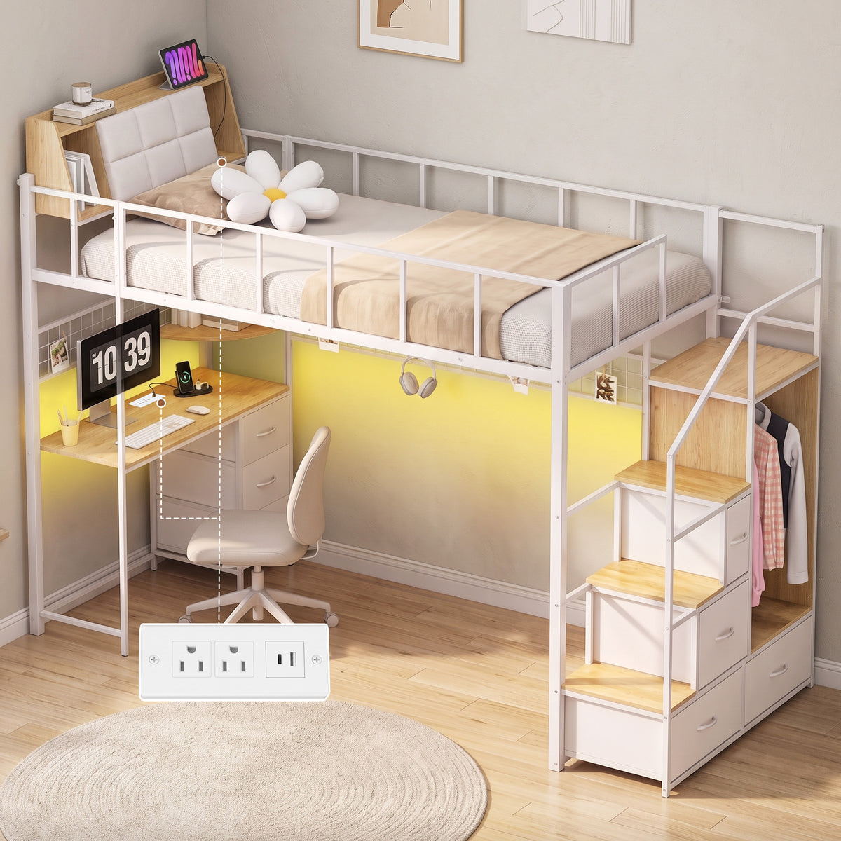 Advwin Loft Bed with Storage Headboard & Power Outlets
