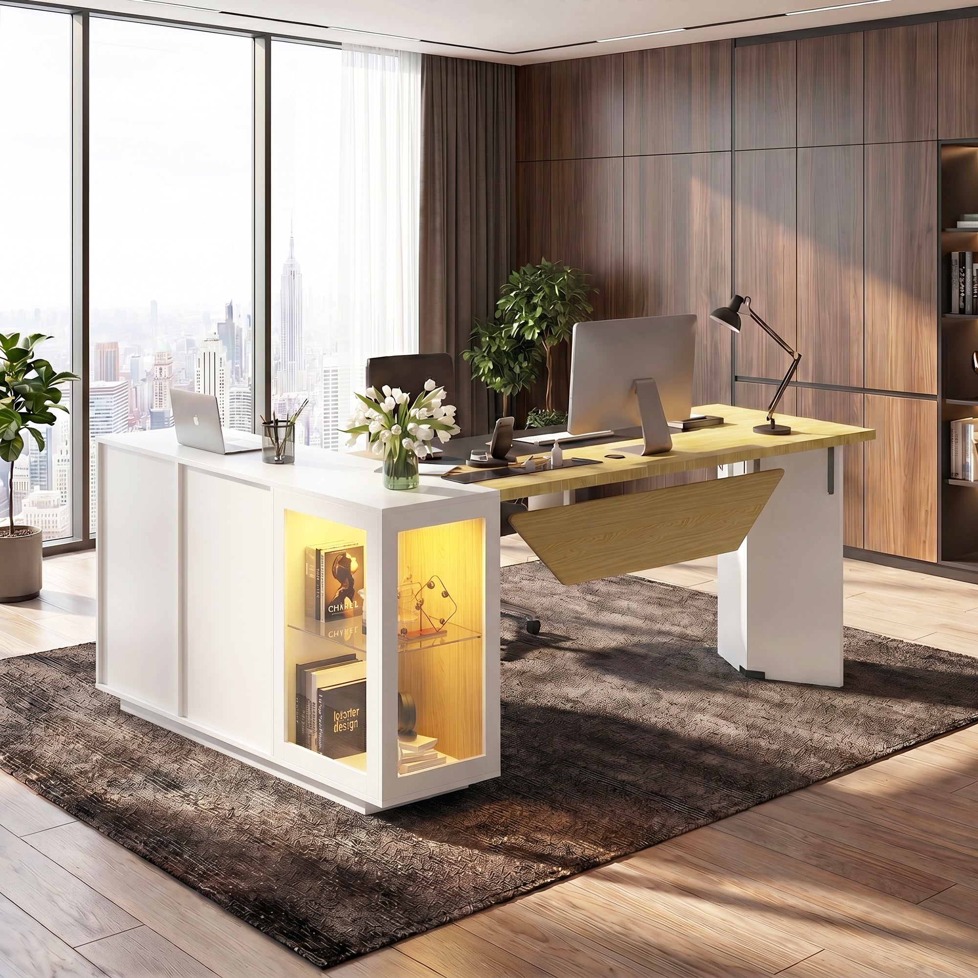 Advwin L-Shaped Executive Desk w/ Glass Display Cabinet