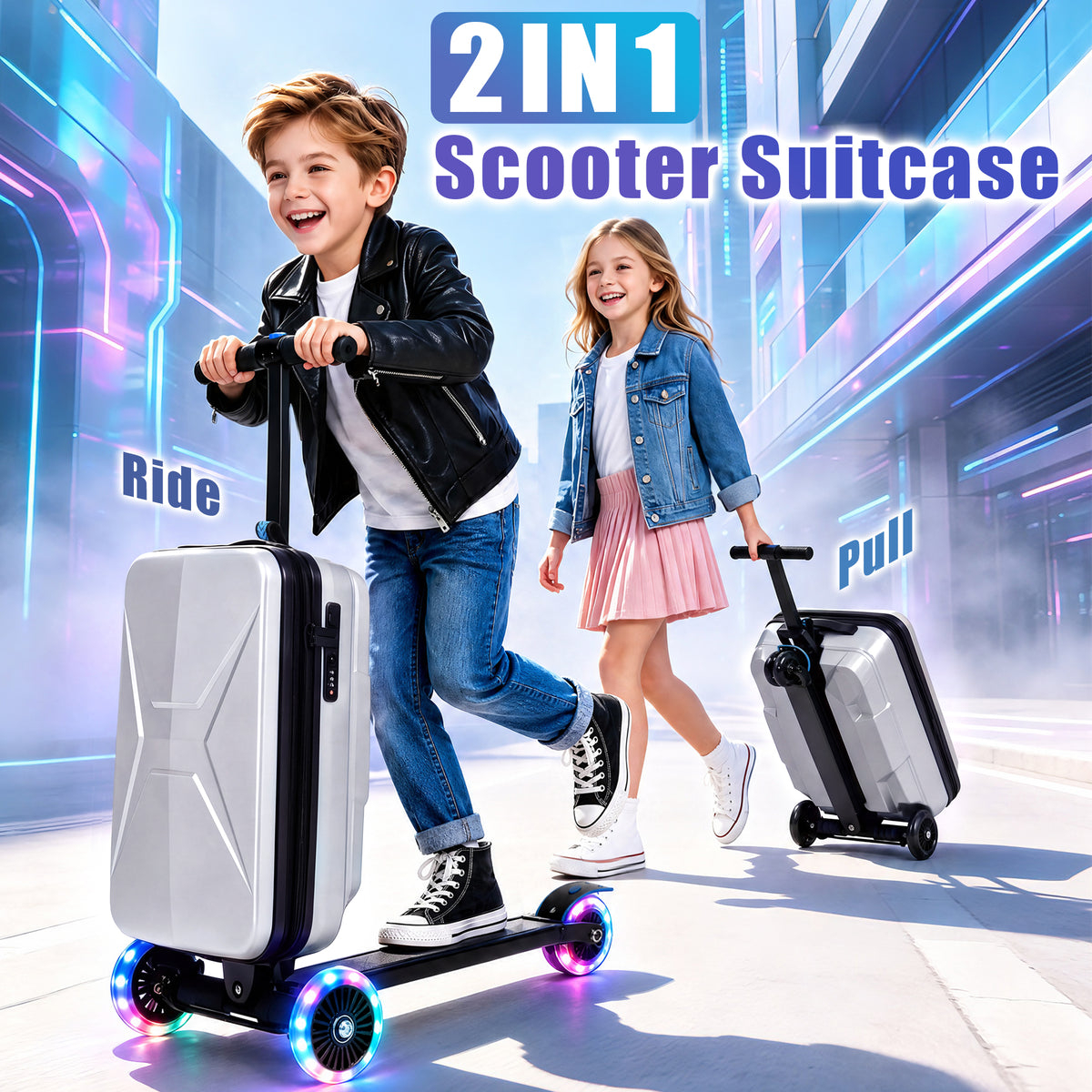 Advwin Expandable Scooter Suitcase for Kids w/ LED Wheel