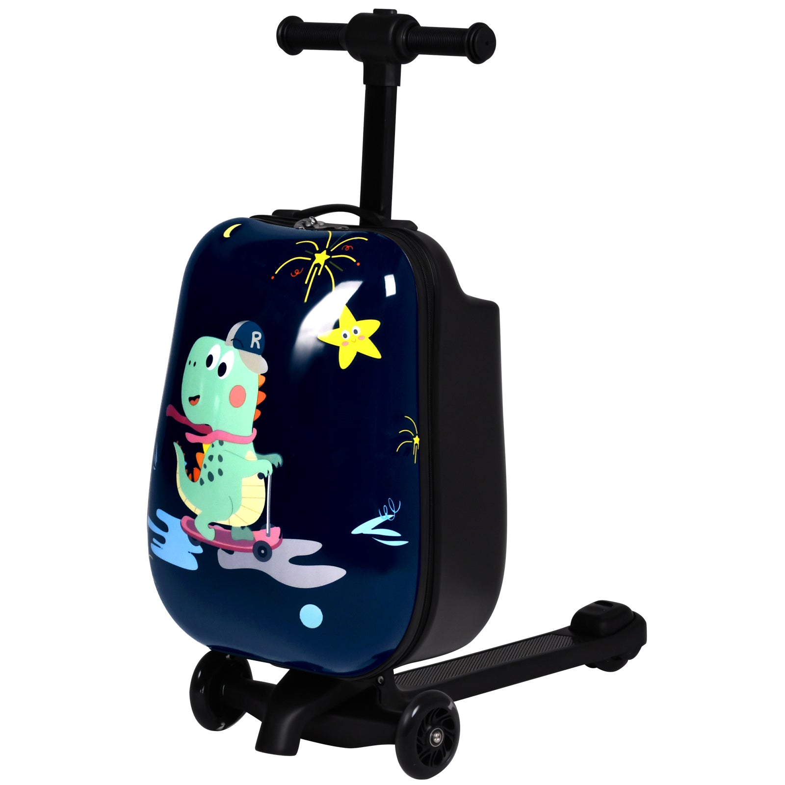 Children's suitcase with scooter attachment featuring a cartoon dinosaur design on a white background