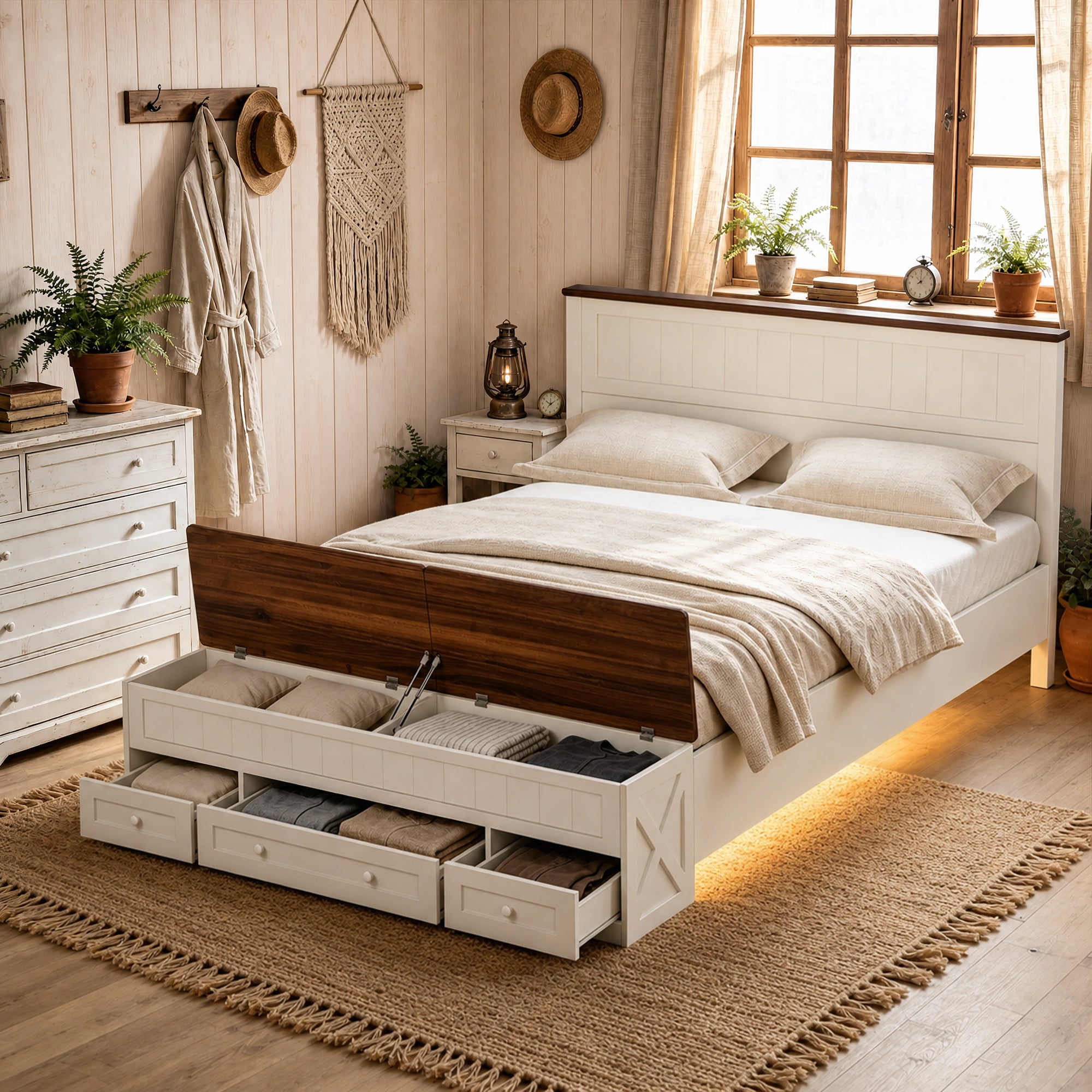 Advwin Queen Farmhouse Bed w/ Headboard & Storage Bench