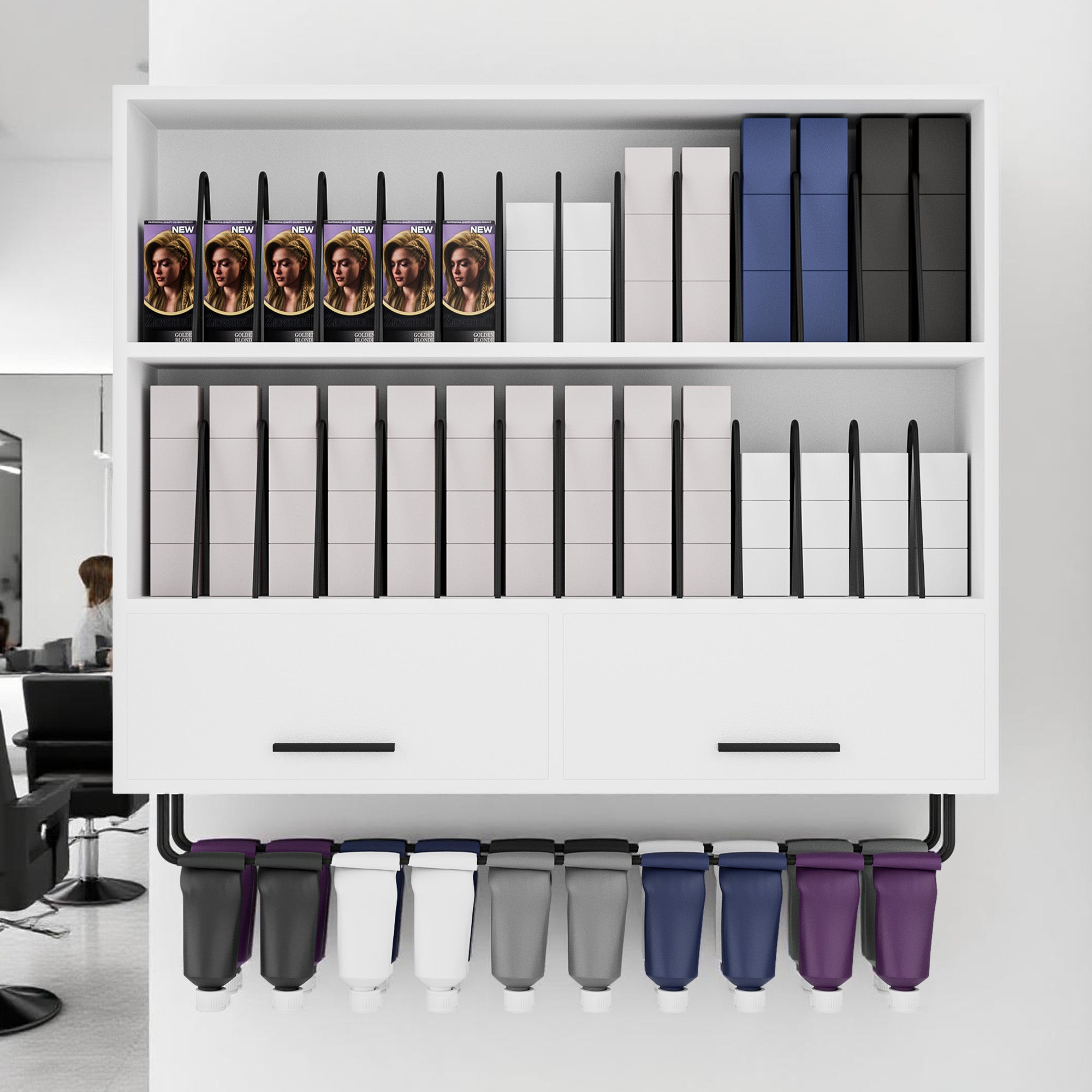 Shelf with hair products and color samples in a salon setting