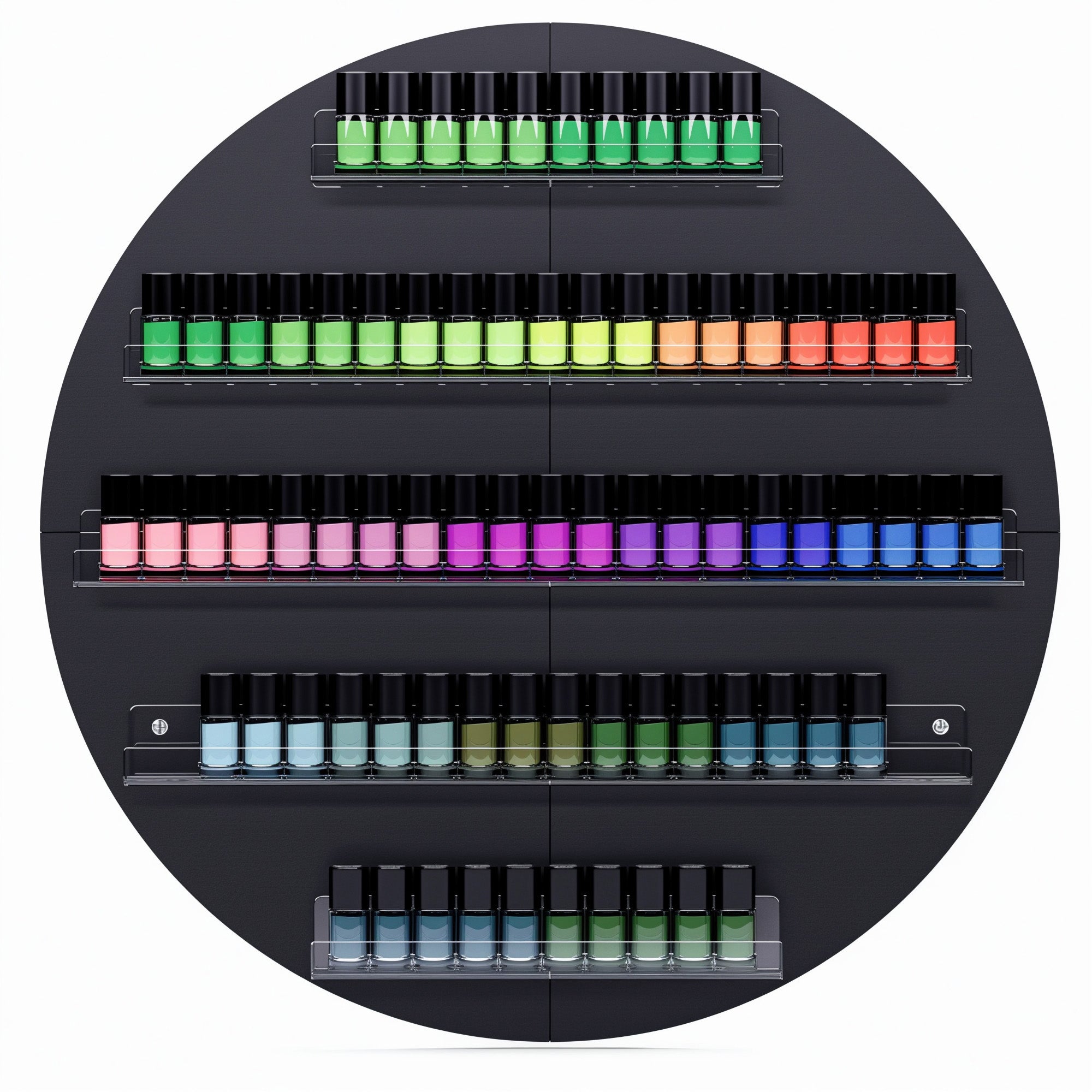 Nail polish organizer with colorful bottles on a black background