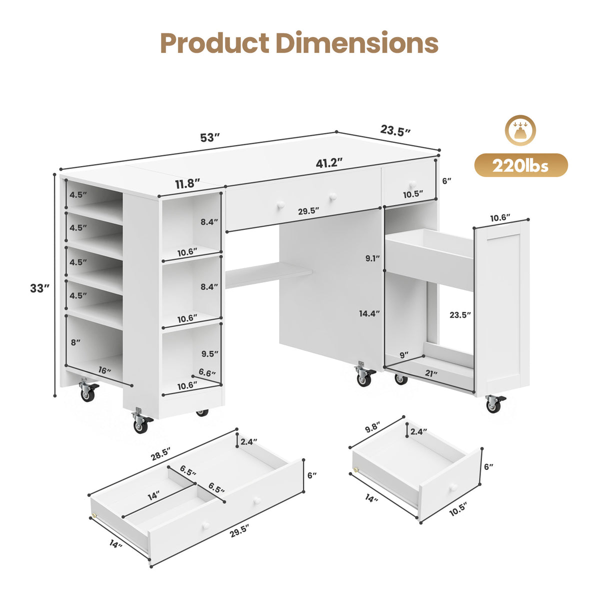 Advwin Rolling Craft Table w/ Adjustable Shelves