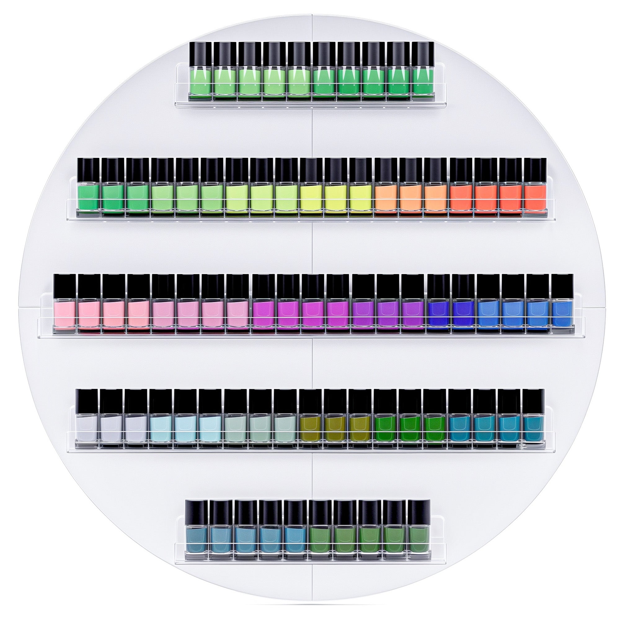 Round nail polish color chart with various colors displayed.
