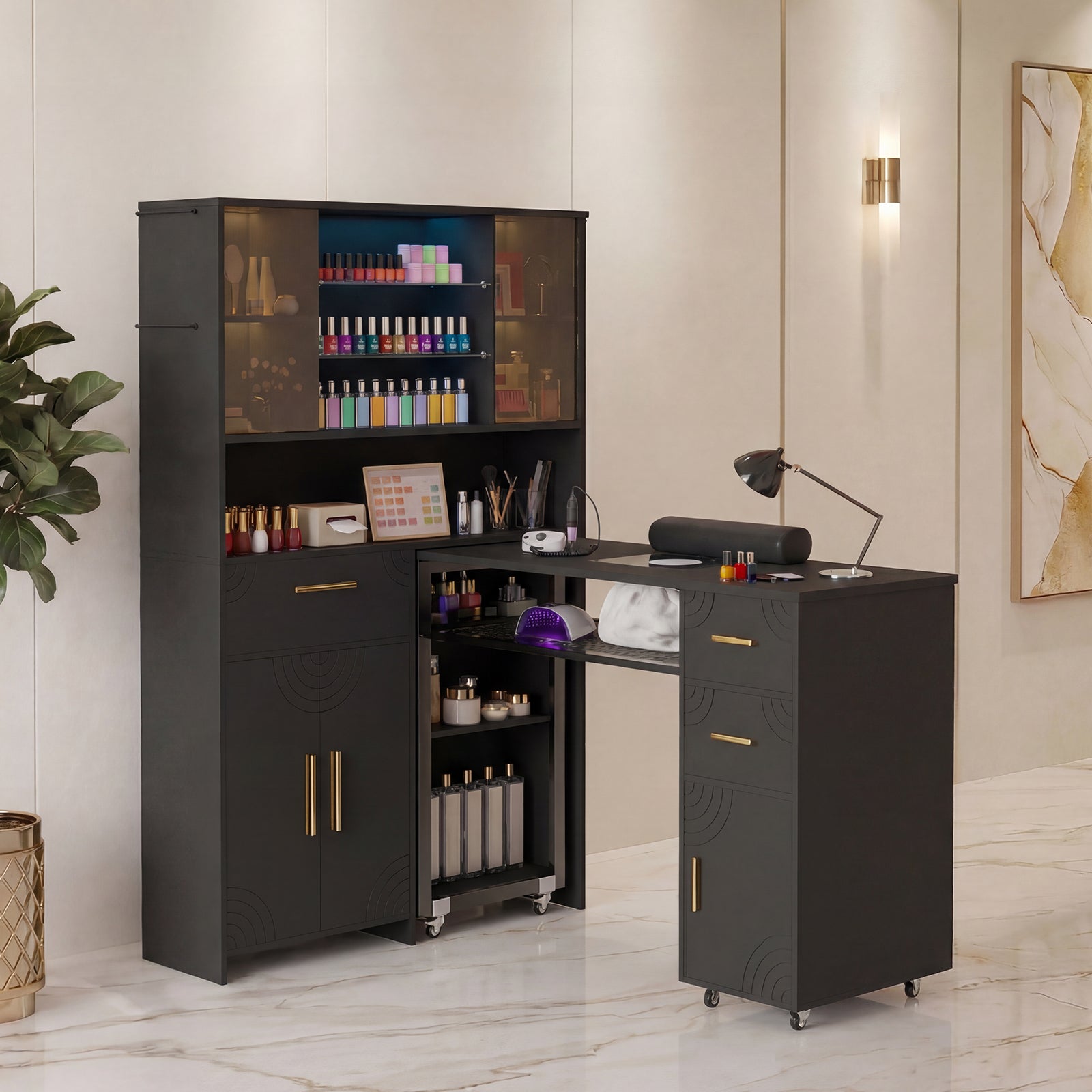 Advwin Nail Table w/ Double Tabletop & 3 Adjustable Shelves