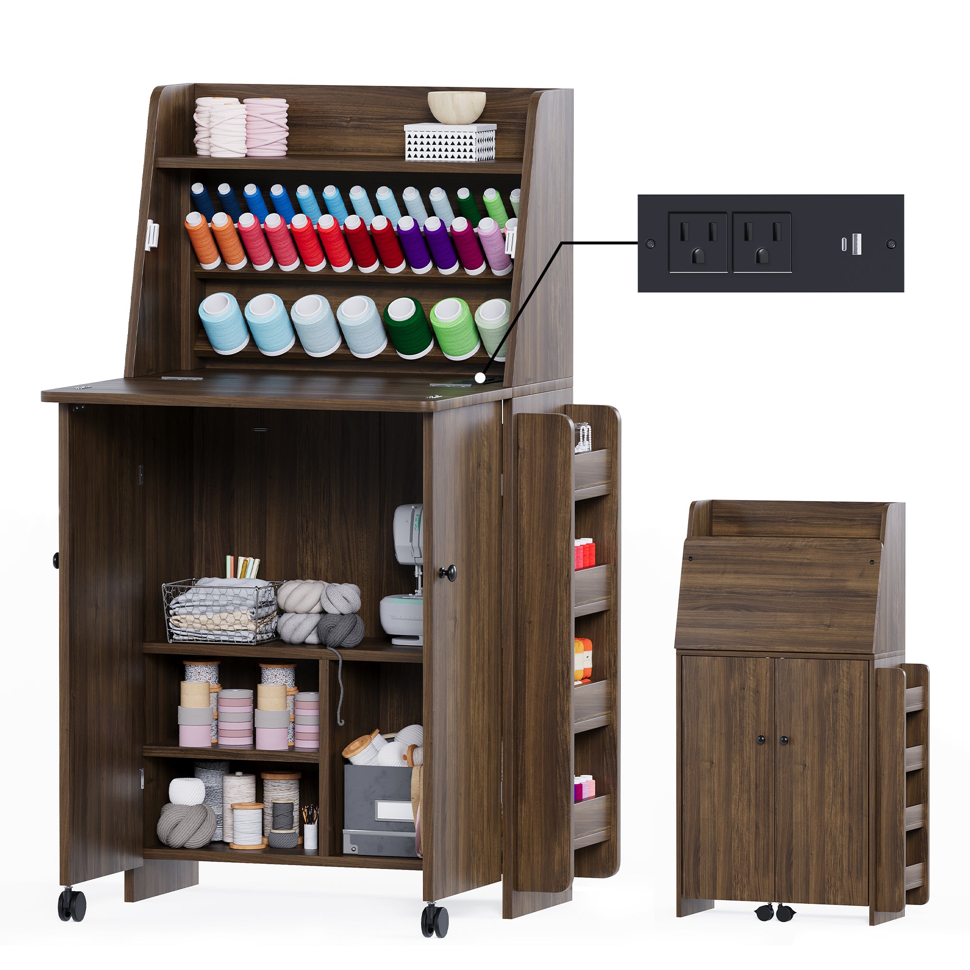 Wooden craft cabinet with shelves and storage compartments, showing a power outlet attachment.