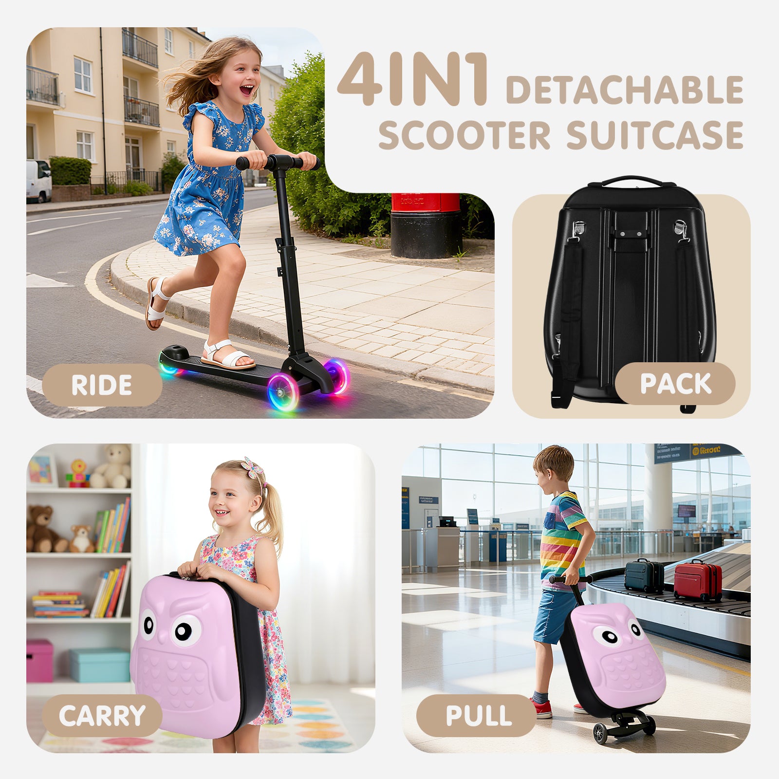4-in-1 detachable scooter suitcase with children using it and images of the suitcase in different modes.