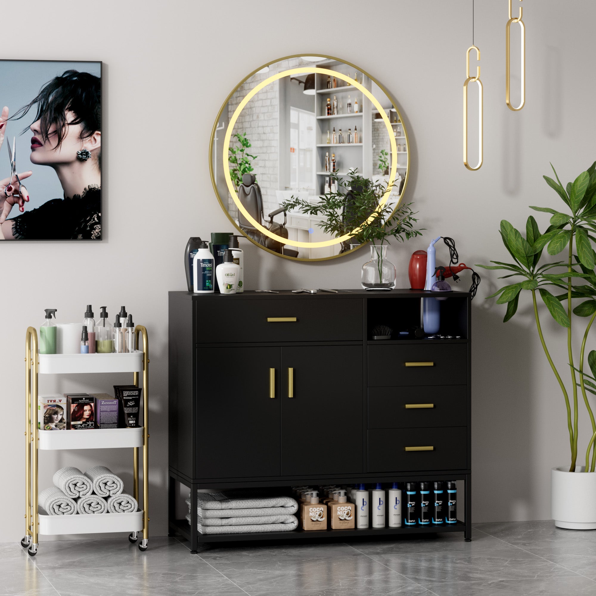 Black vanity cabinet with round mirror in a room setting with decor elements.