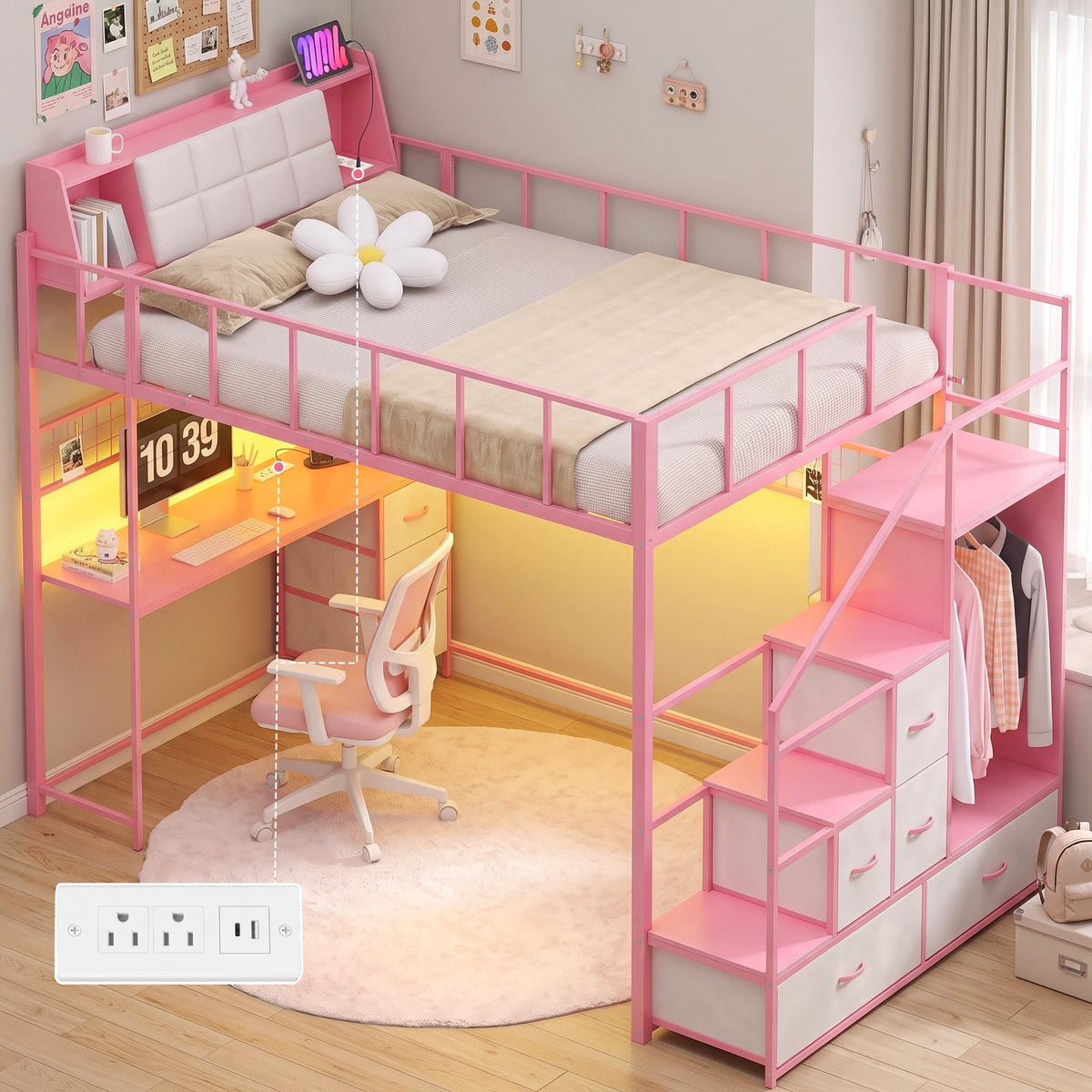 Advwin Loft Bed with Storage Headboard & Power Outlets