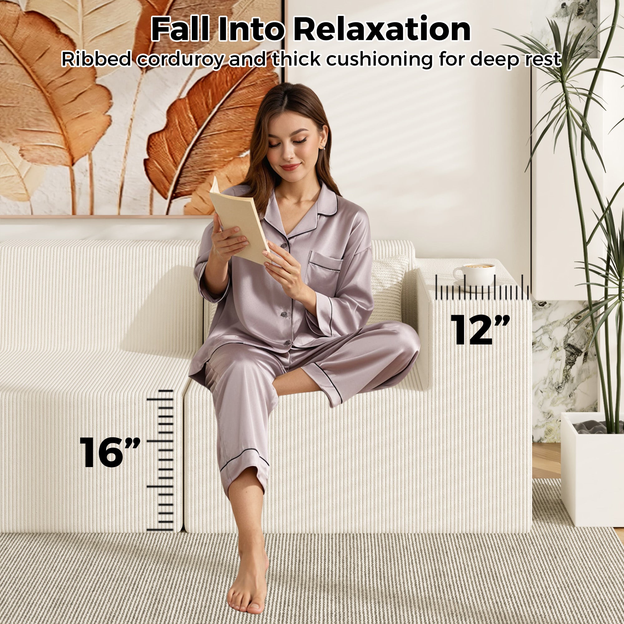 Woman in pajamas reading a book on a cushioned bench with text about ribbed corduroy and thick cushioning.
